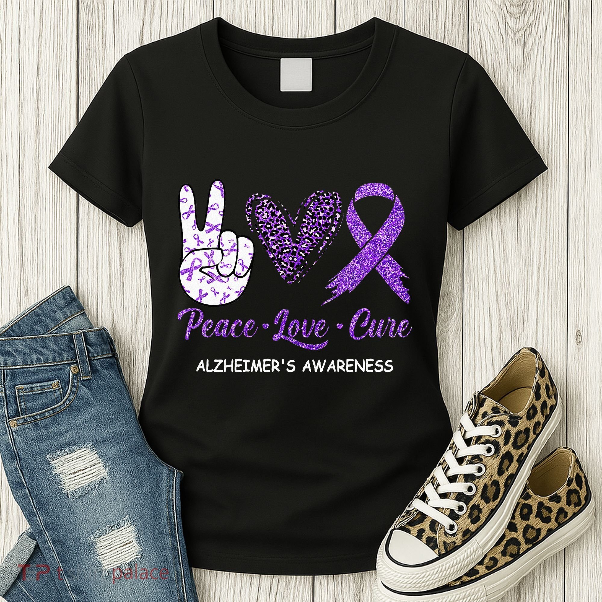 Alzheimers Awareness Peace Love Cure Leopard Women's T-Shirt