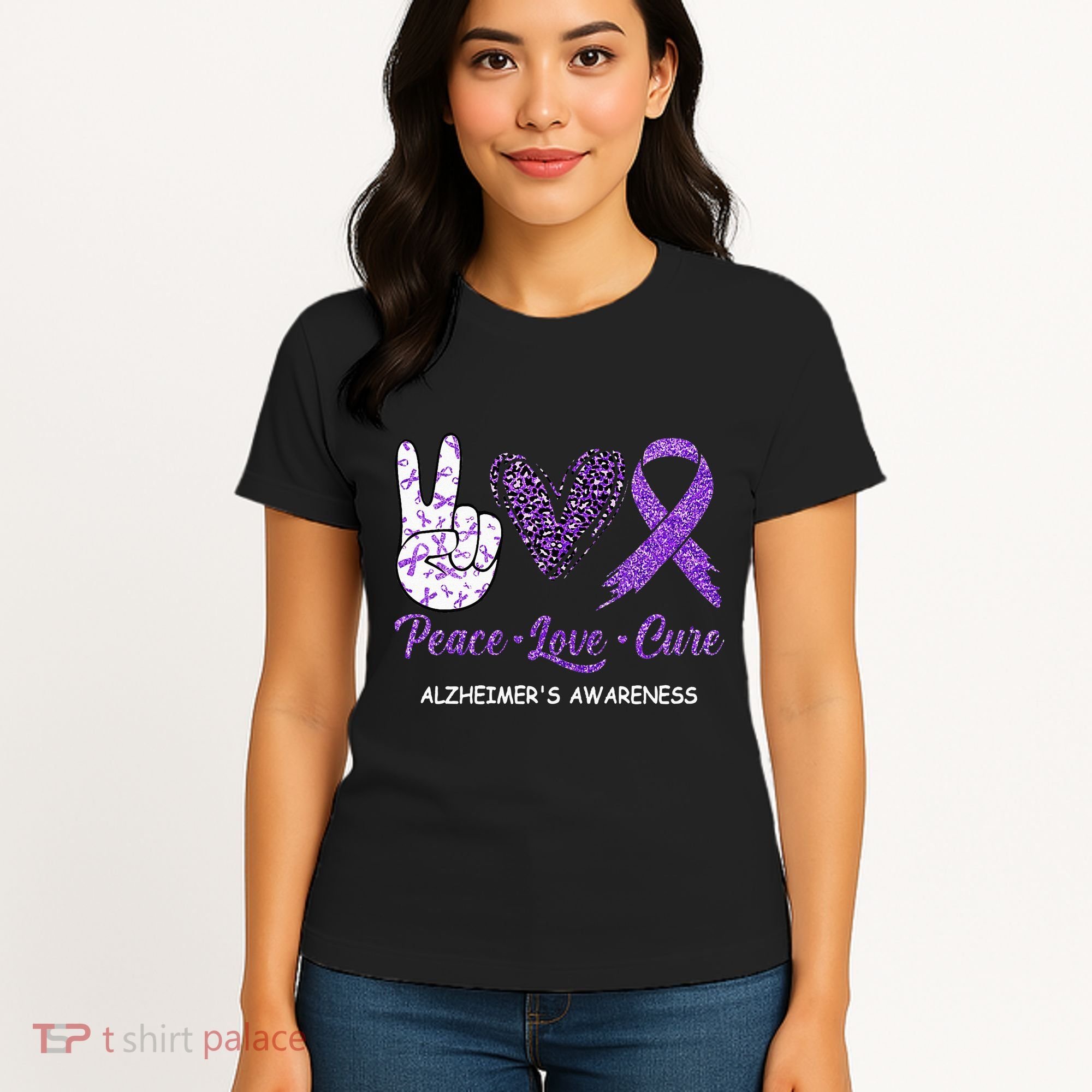 Alzheimers Awareness Peace Love Cure Leopard Women's T-Shirt
