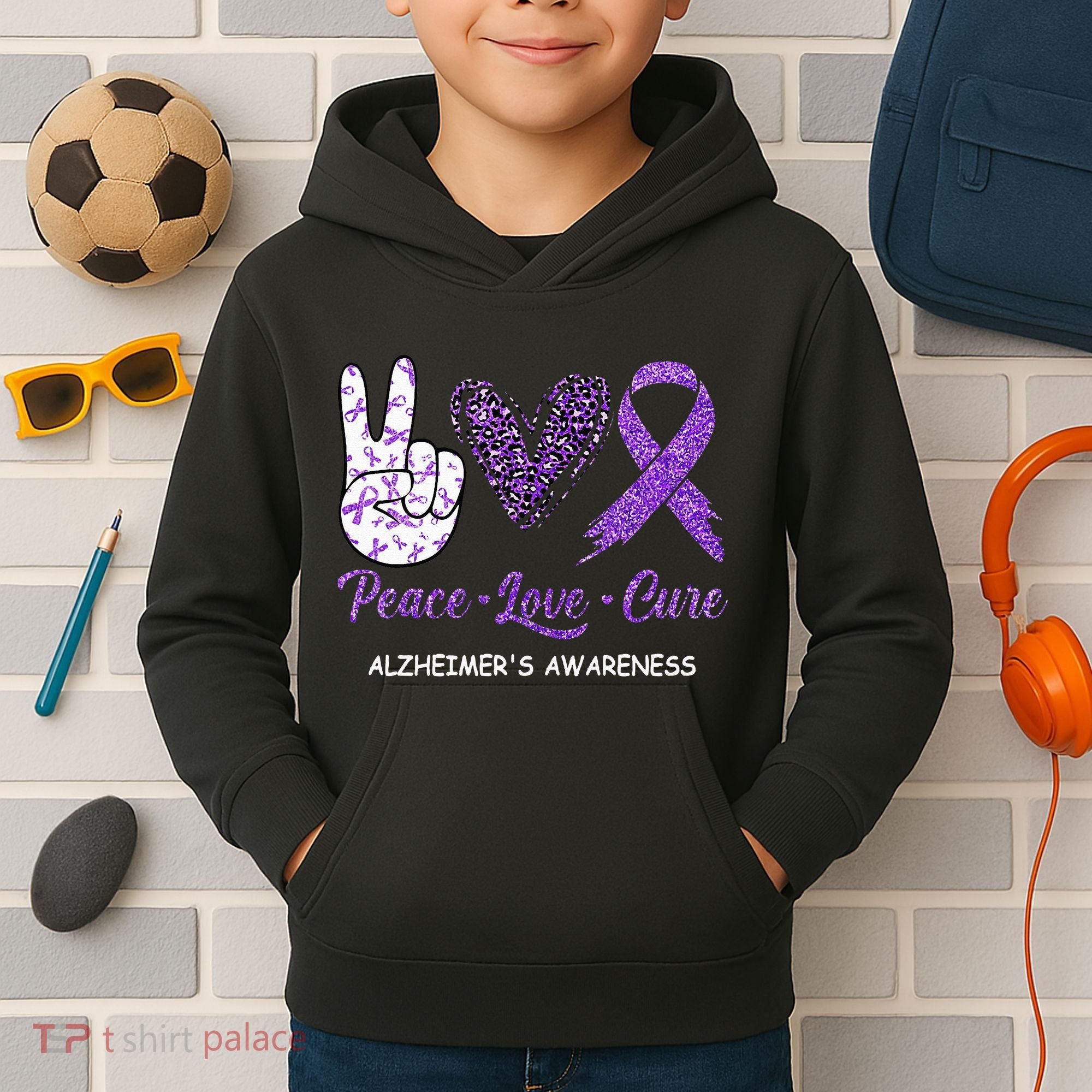 Alzheimers Awareness Peace Love Cure Leopard Kids Hoodie