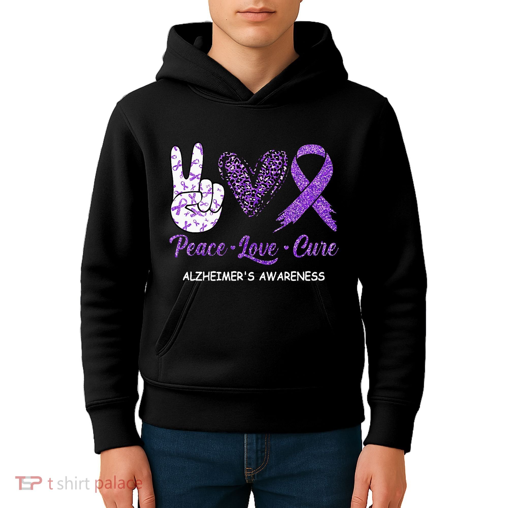 Alzheimers Awareness Peace Love Cure Leopard Kids Hoodie