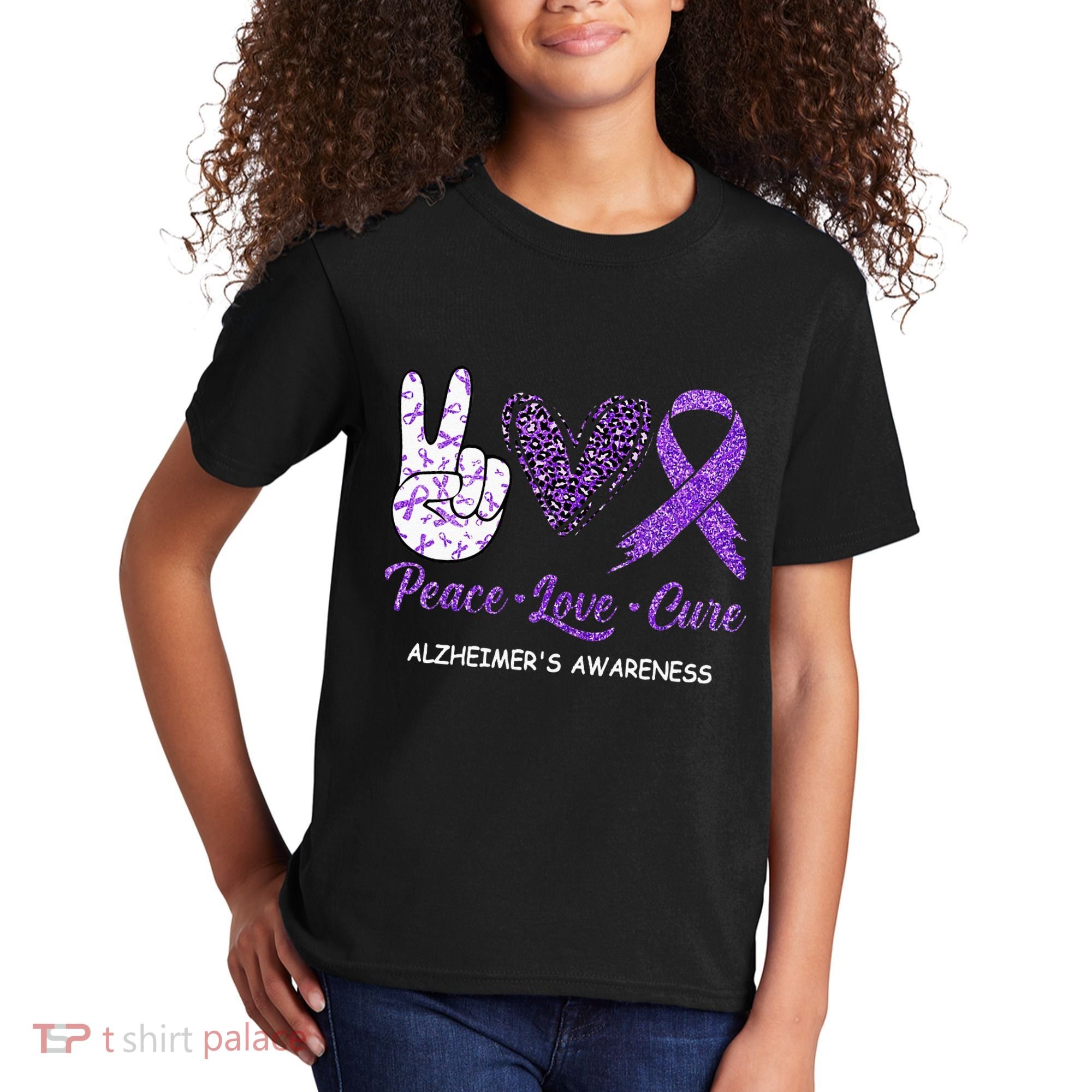 Alzheimers Awareness Peace Love Cure Leopard Kids T-Shirt