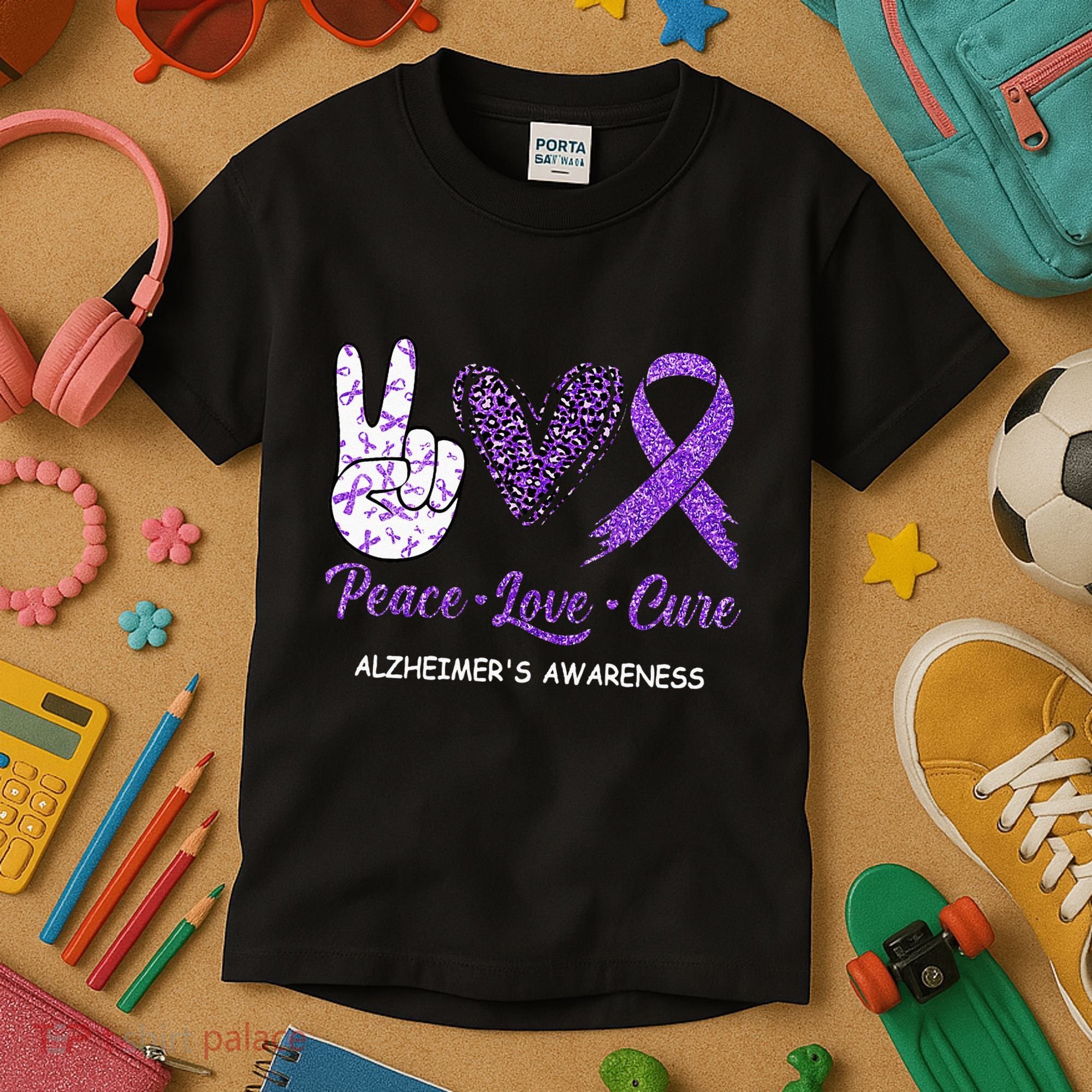 Alzheimers Awareness Peace Love Cure Leopard Kids T-Shirt