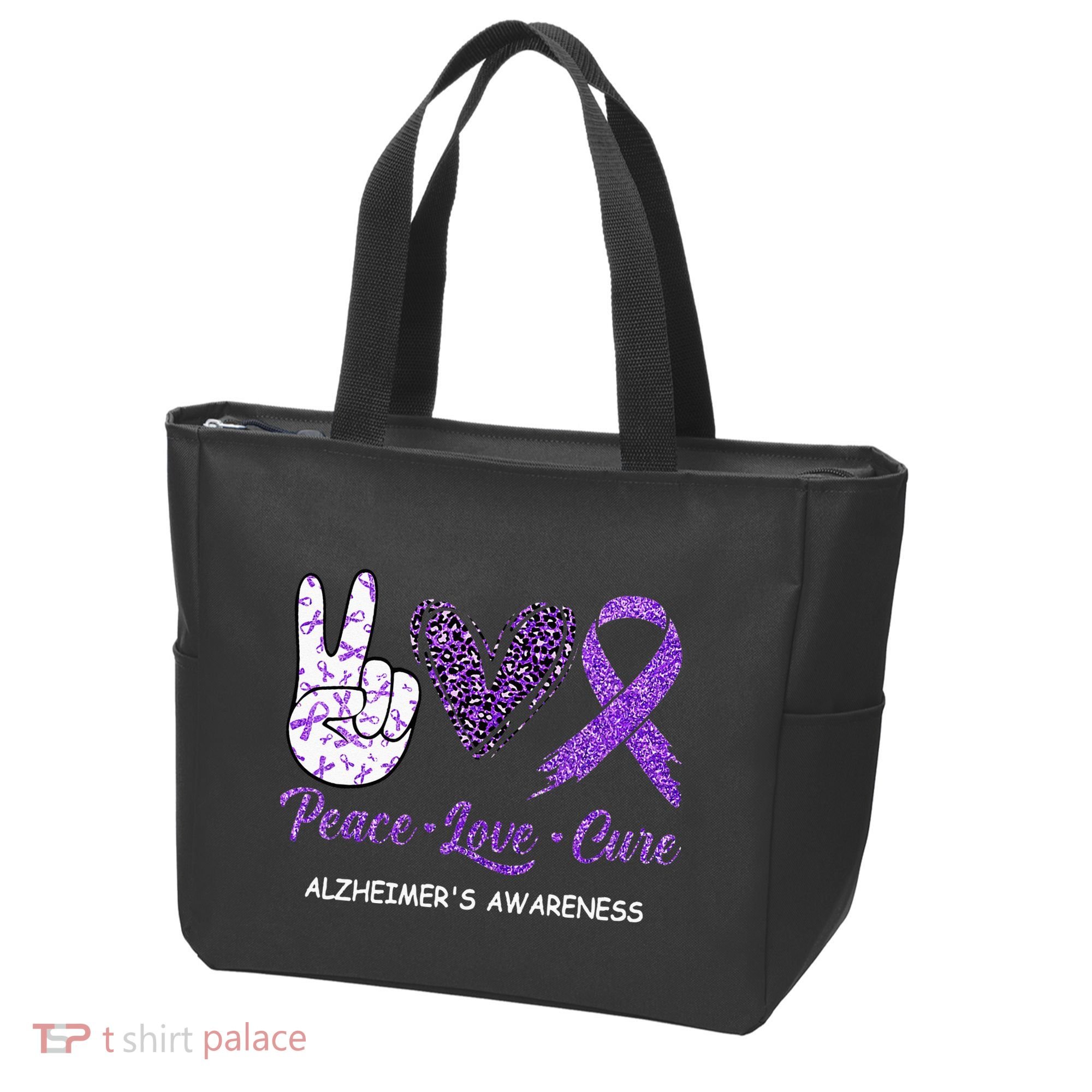 Alzheimers Awareness Peace Love Cure Leopard Tote Bag
