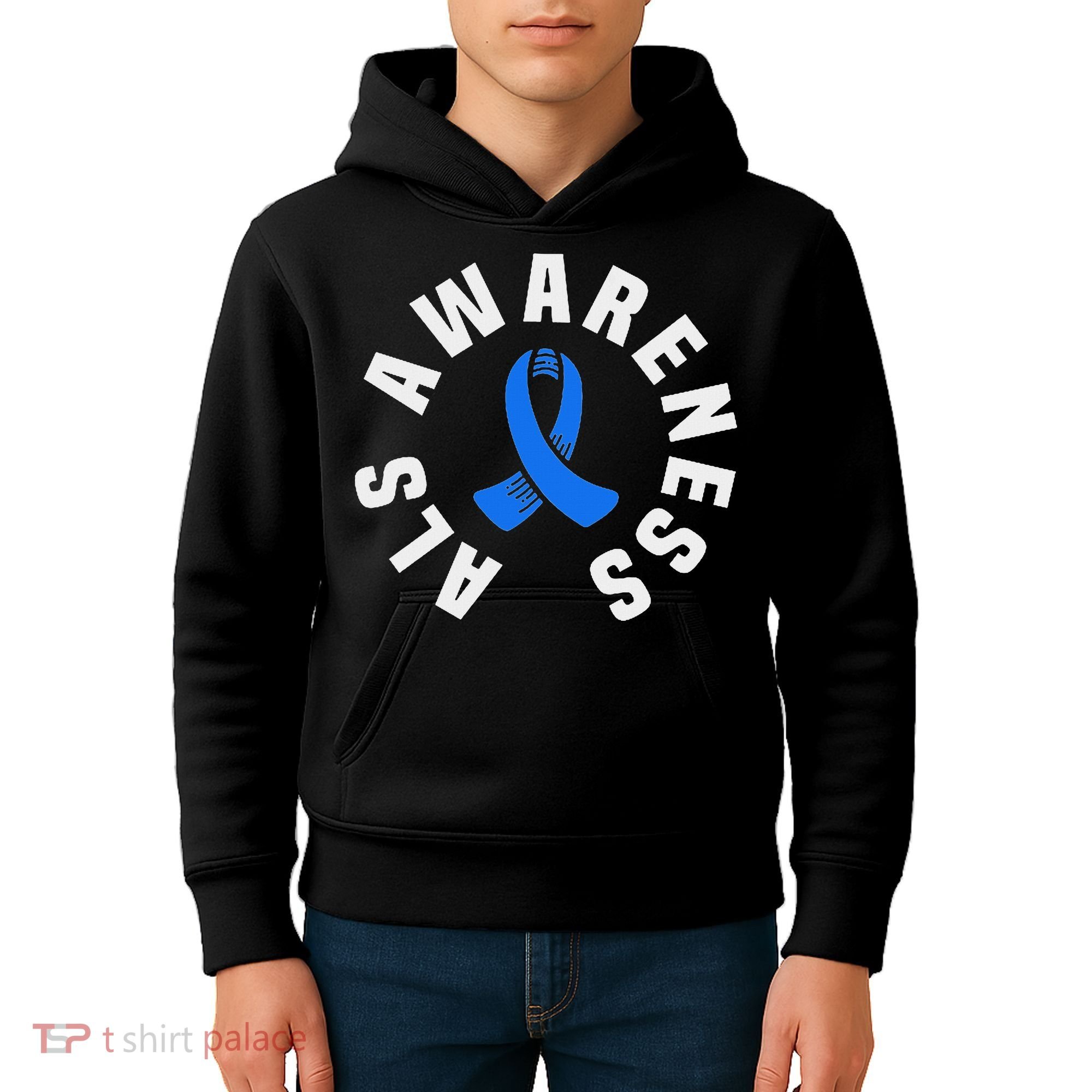 Als Awareness Pocket Wear Blue Ribbon Als Disease Support Kids Hoodie
