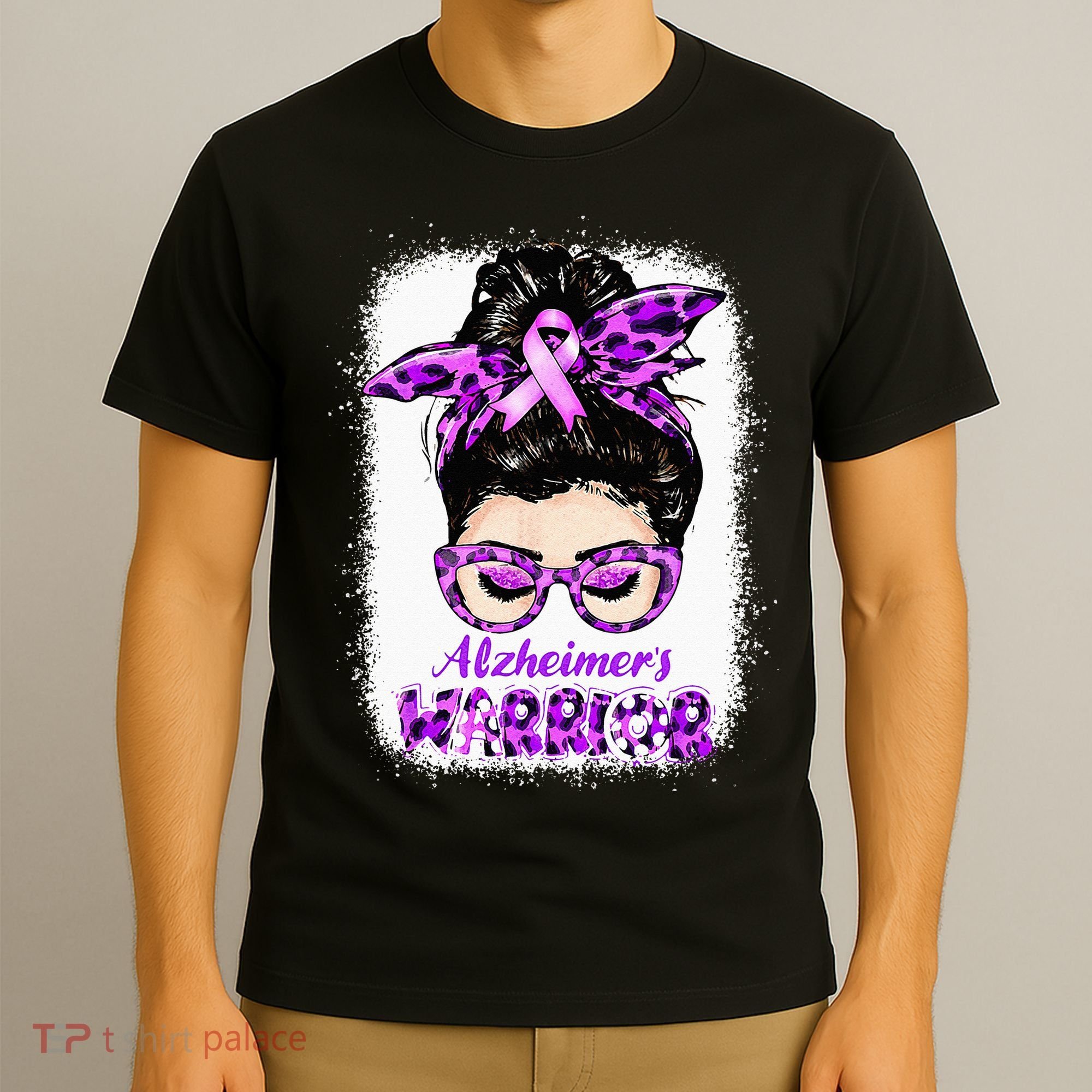 Alzheimers Awareness Purple Alzheimers Warrior Messy Bun T-Shirt
