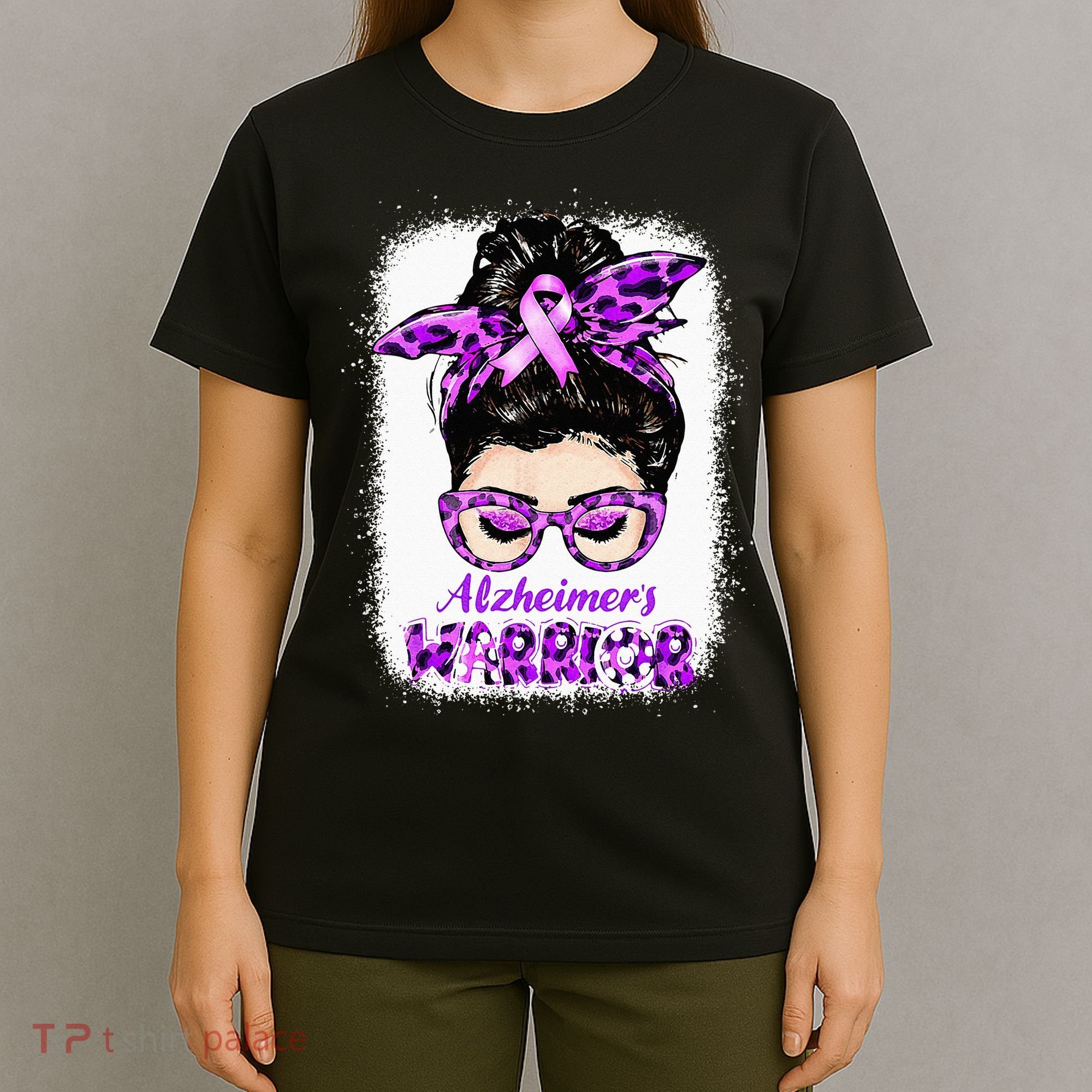 Alzheimers Awareness Purple Alzheimers Warrior Messy Bun T-Shirt