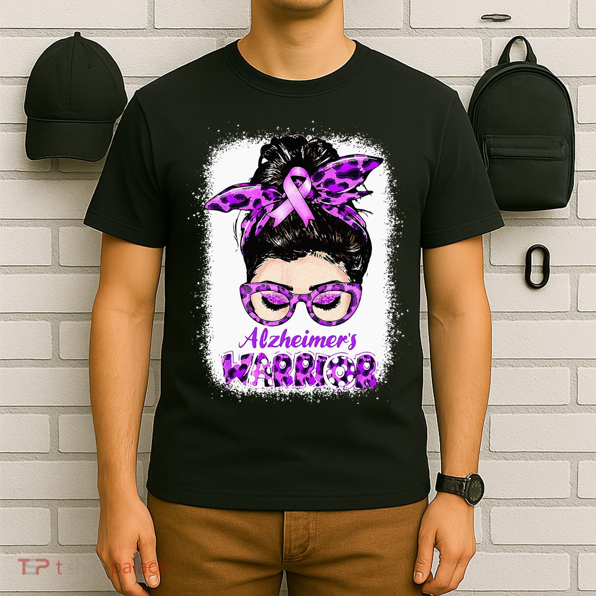 Alzheimers Awareness Purple Alzheimers Warrior Messy Bun T-Shirt