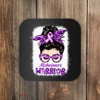 Alzheimers Awareness Purple Alzheimers Warrior Messy Bun Coaster thumb 0