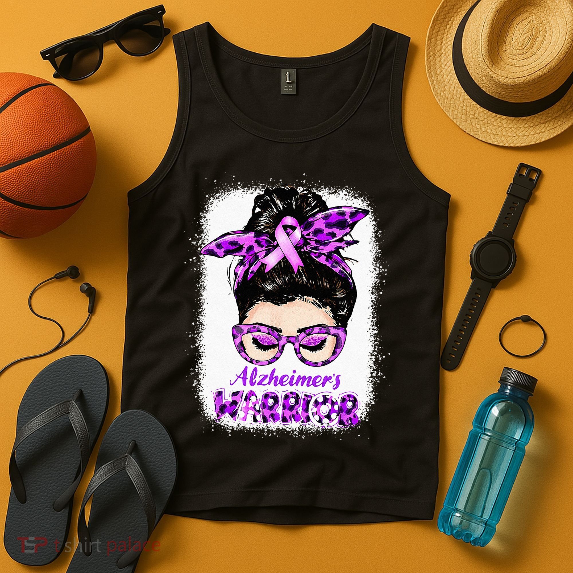 Alzheimers Awareness Purple Alzheimers Warrior Messy Bun Tank Top