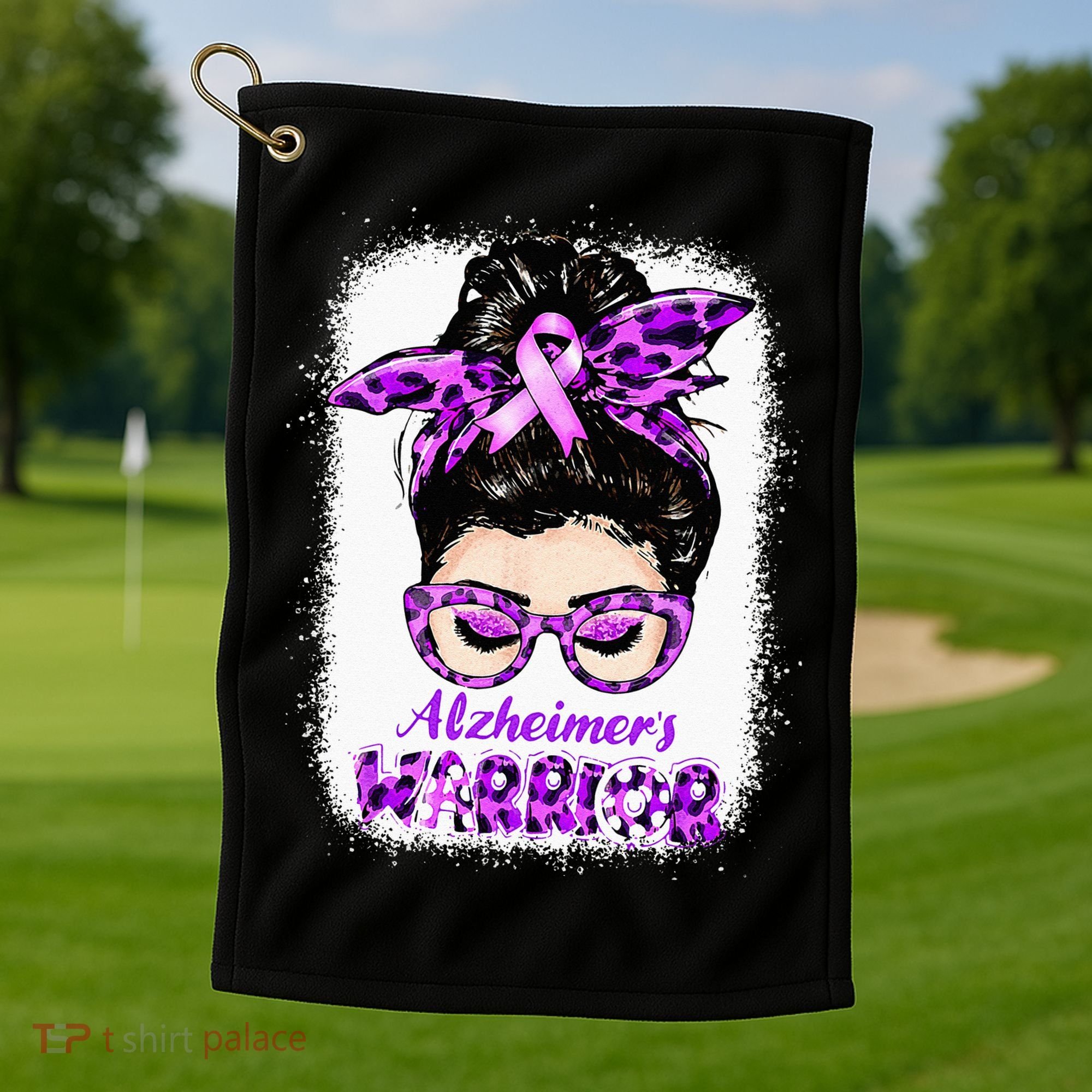 Alzheimers Awareness Purple Alzheimers Warrior Messy Bun Golf Towel