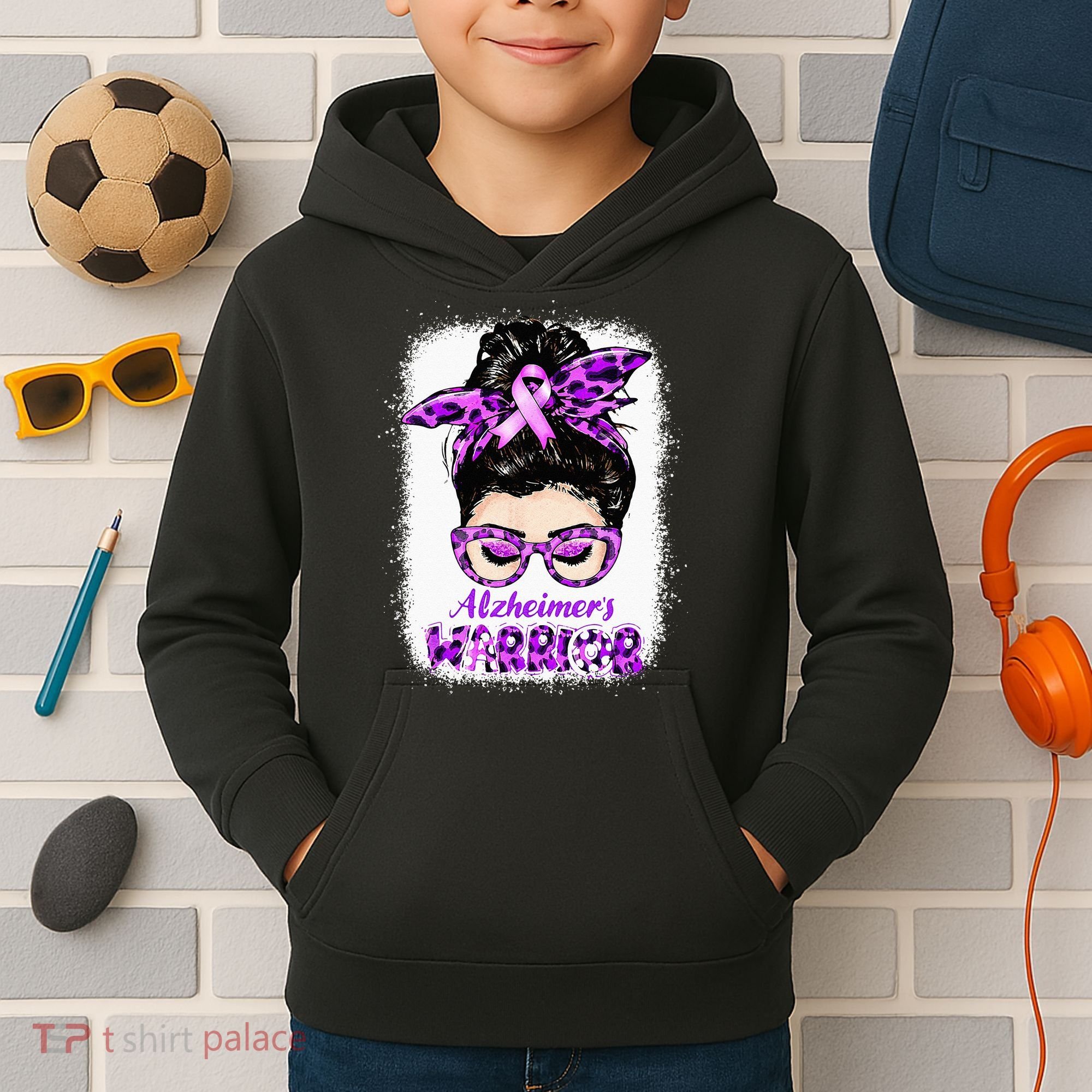 Alzheimers Awareness Purple Alzheimers Warrior Messy Bun Kids Hoodie