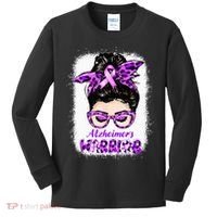 Alzheimers Awareness Purple Alzheimers Warrior Messy Bun Kids Long Sleeve Shirt thumb 0