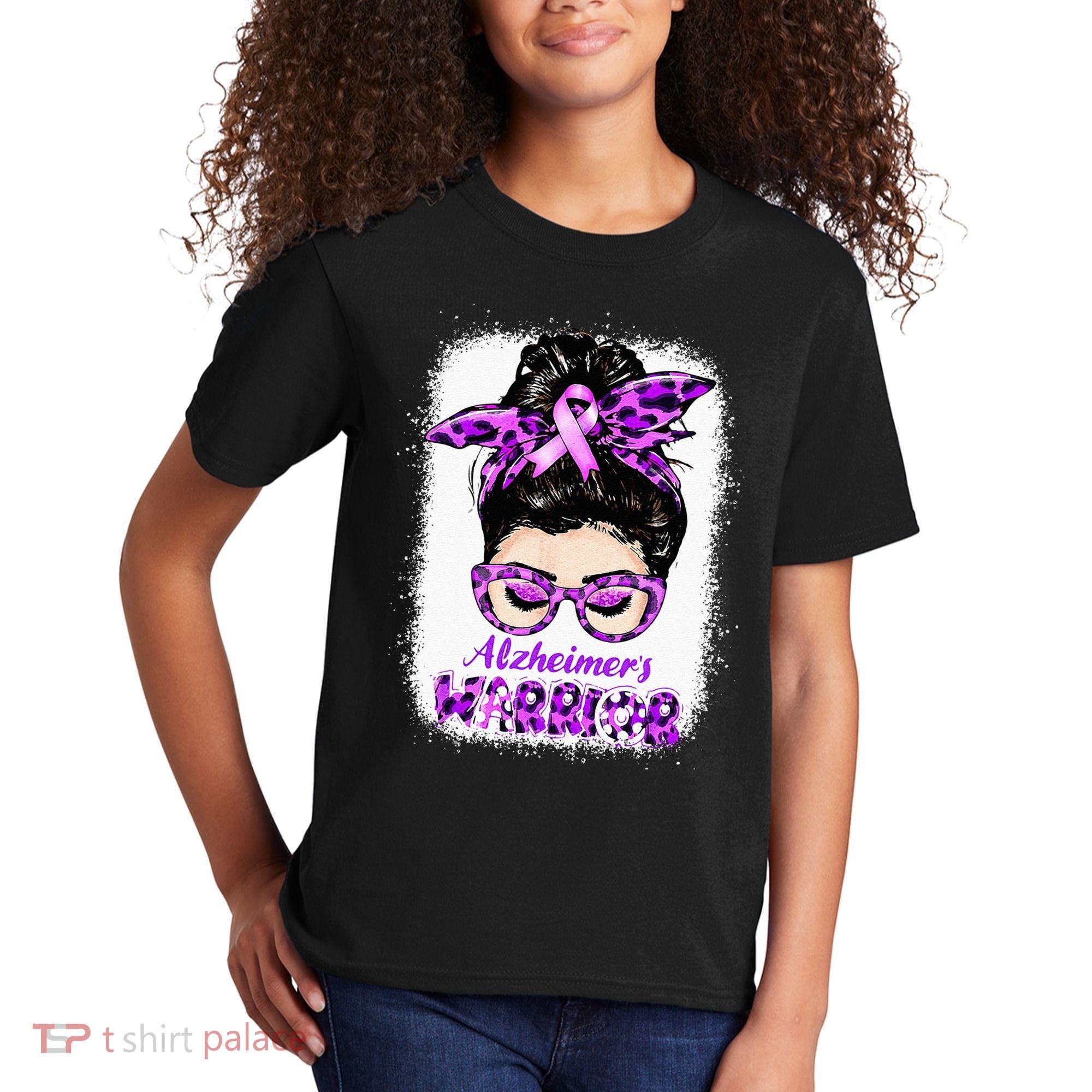 Alzheimers Awareness Purple Alzheimers Warrior Messy Bun Kids T-Shirt