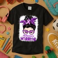 Alzheimers Awareness Purple Alzheimers Warrior Messy Bun Kids T-Shirt thumb 3