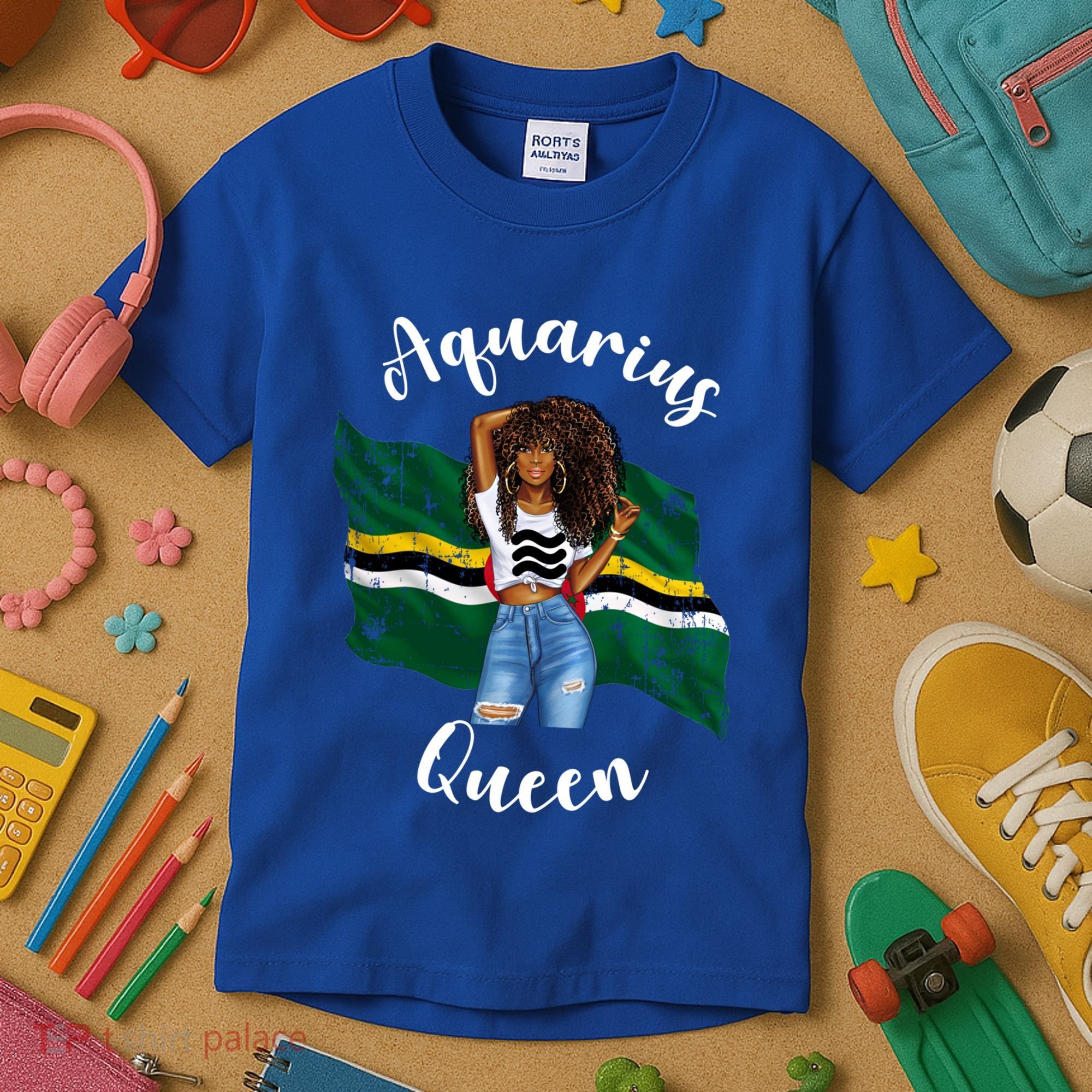 Afro Aquarius Queen From Dominica Zodiac Birthday Gift Kids T-Shirt