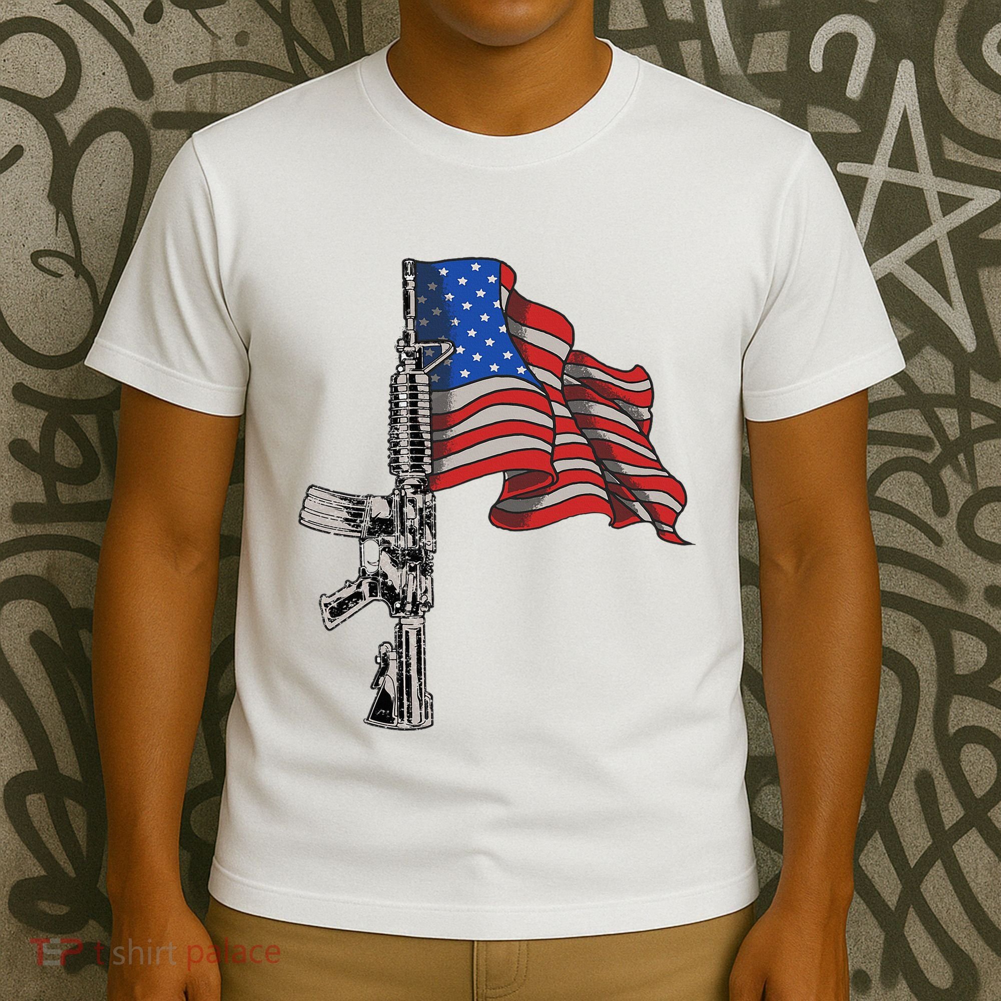 Ar15 Assault Rifle Usa Flag Gun Distressed American Flag T-Shirt