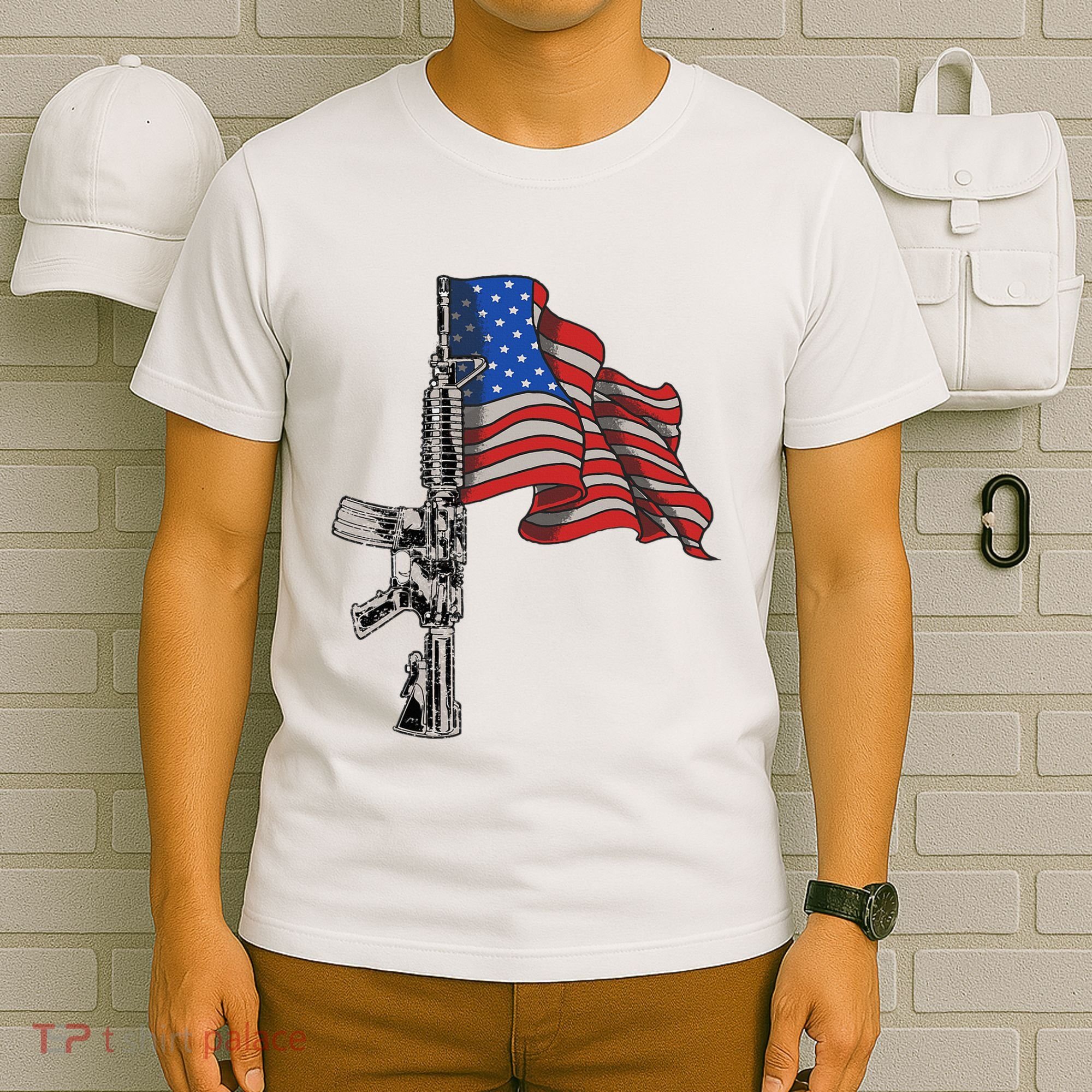 Ar15 Assault Rifle Usa Flag Gun Distressed American Flag T-Shirt