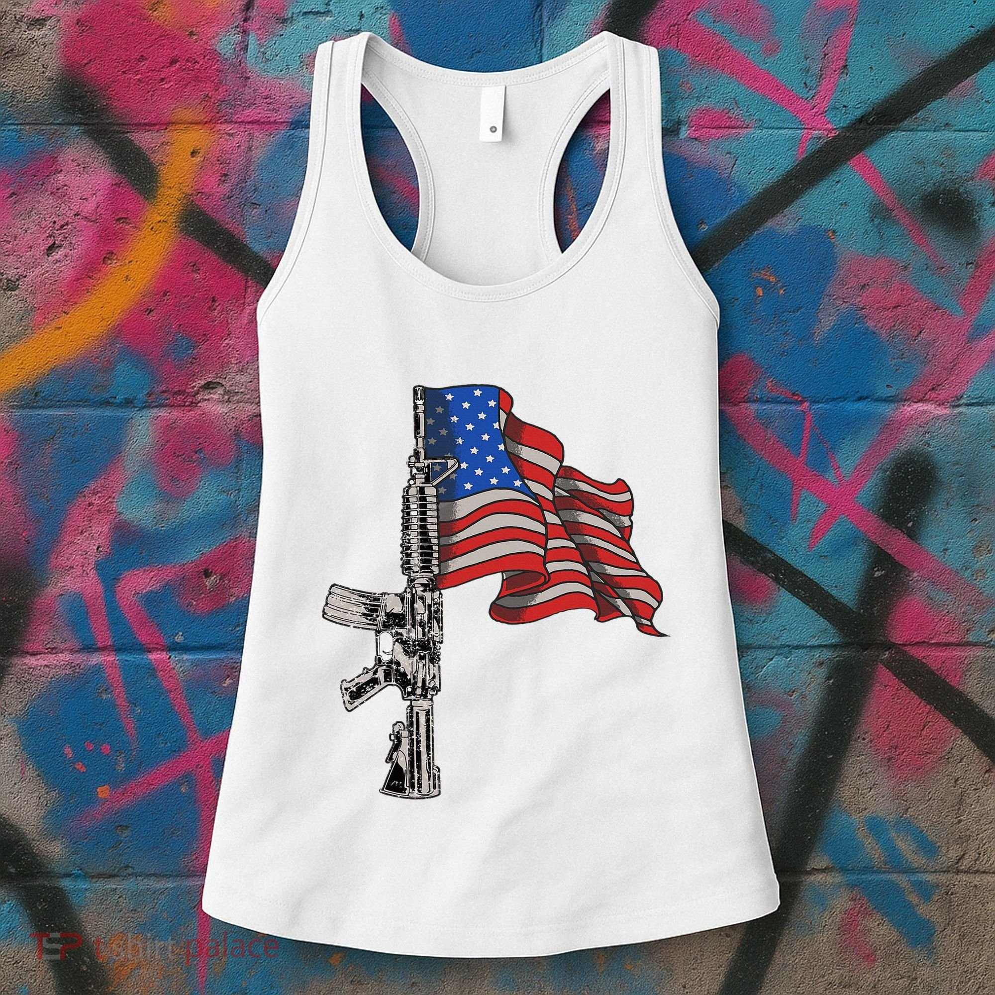 Ar15 Assault Rifle Usa Flag Gun Distressed American Flag Women's Tank Top