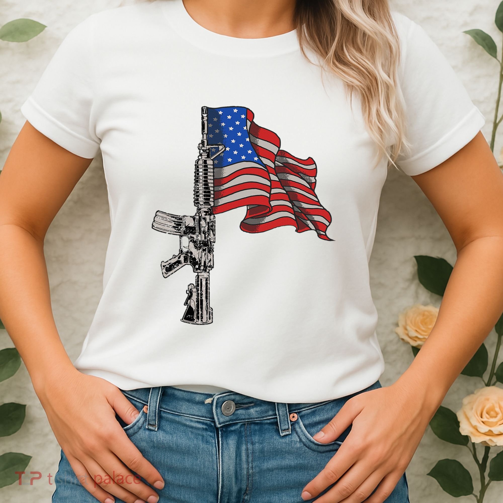 Ar15 Assault Rifle Usa Flag Gun Distressed American Flag Women's T-Shirt