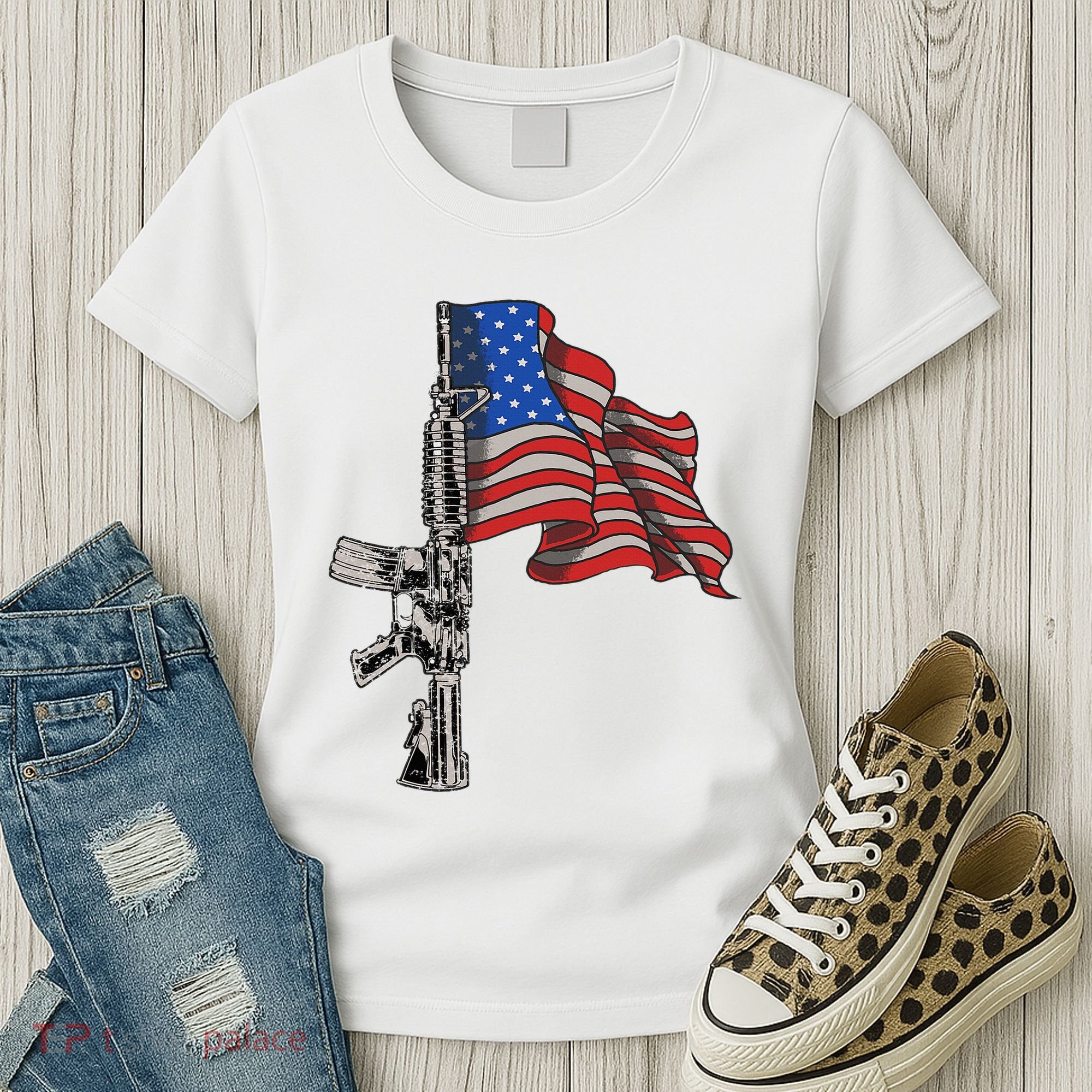 Ar15 Assault Rifle Usa Flag Gun Distressed American Flag Women's T-Shirt