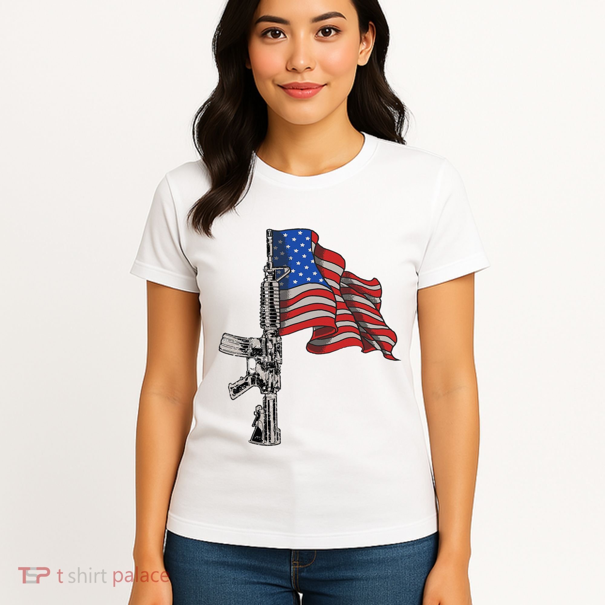 Ar15 Assault Rifle Usa Flag Gun Distressed American Flag Women's T-Shirt