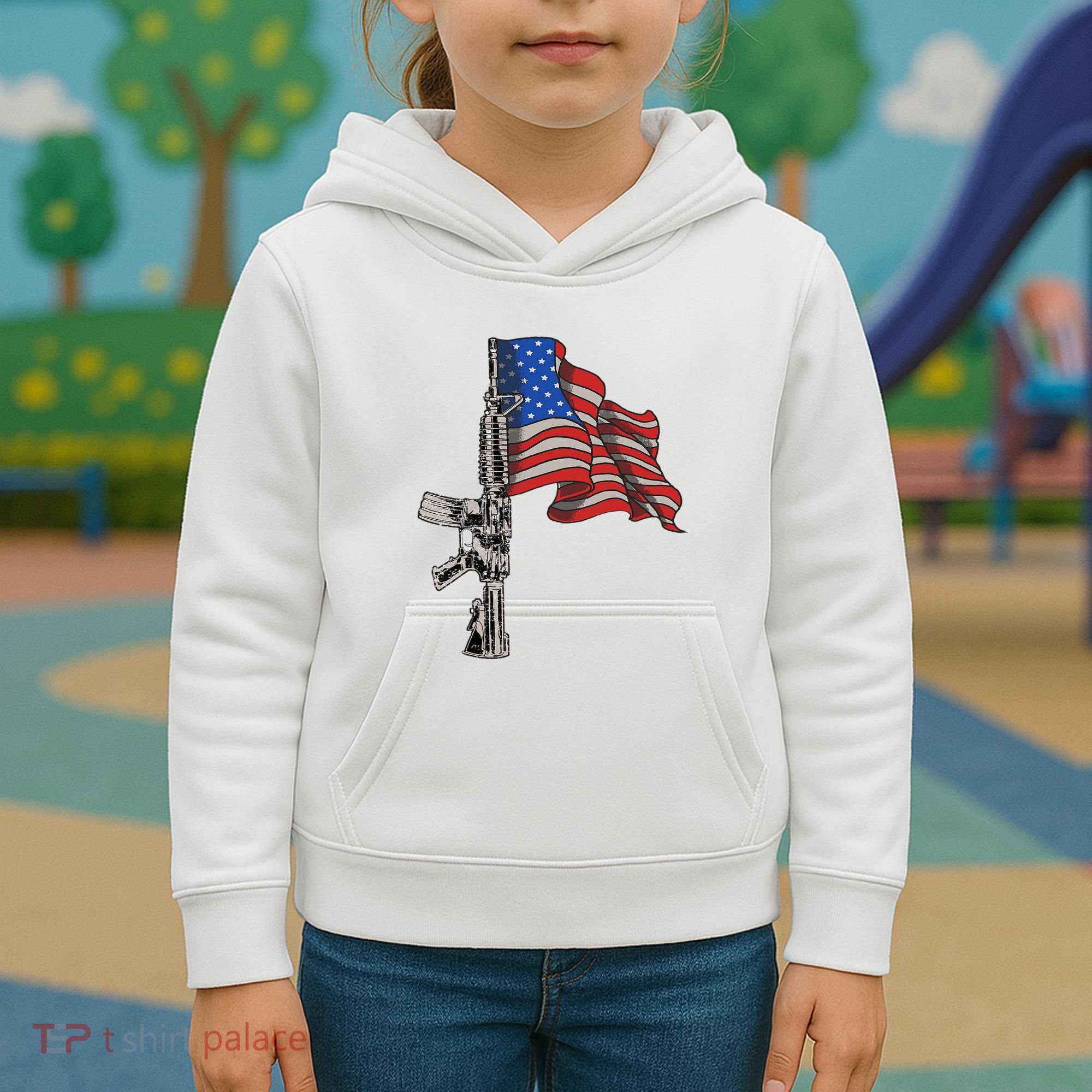 Ar15 Assault Rifle Usa Flag Gun Distressed American Flag Kids Hoodie