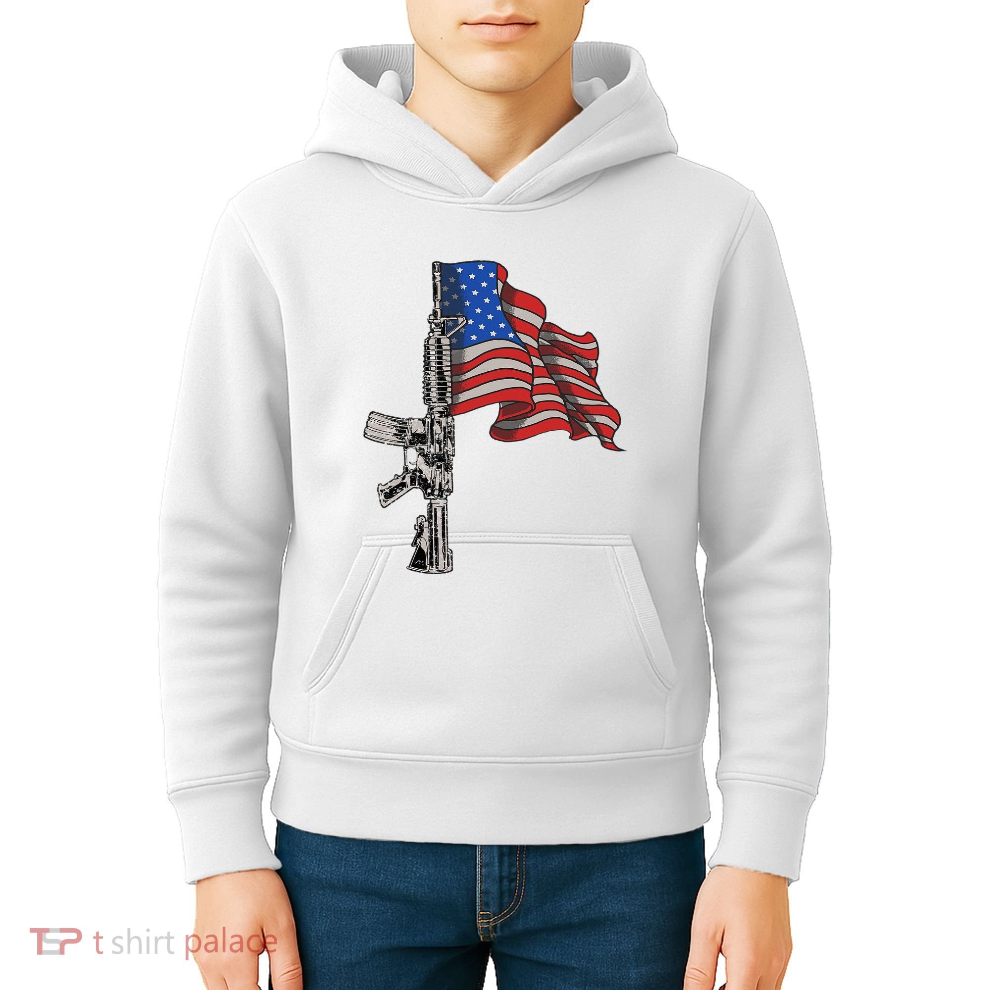 Ar15 Assault Rifle Usa Flag Gun Distressed American Flag Kids Hoodie