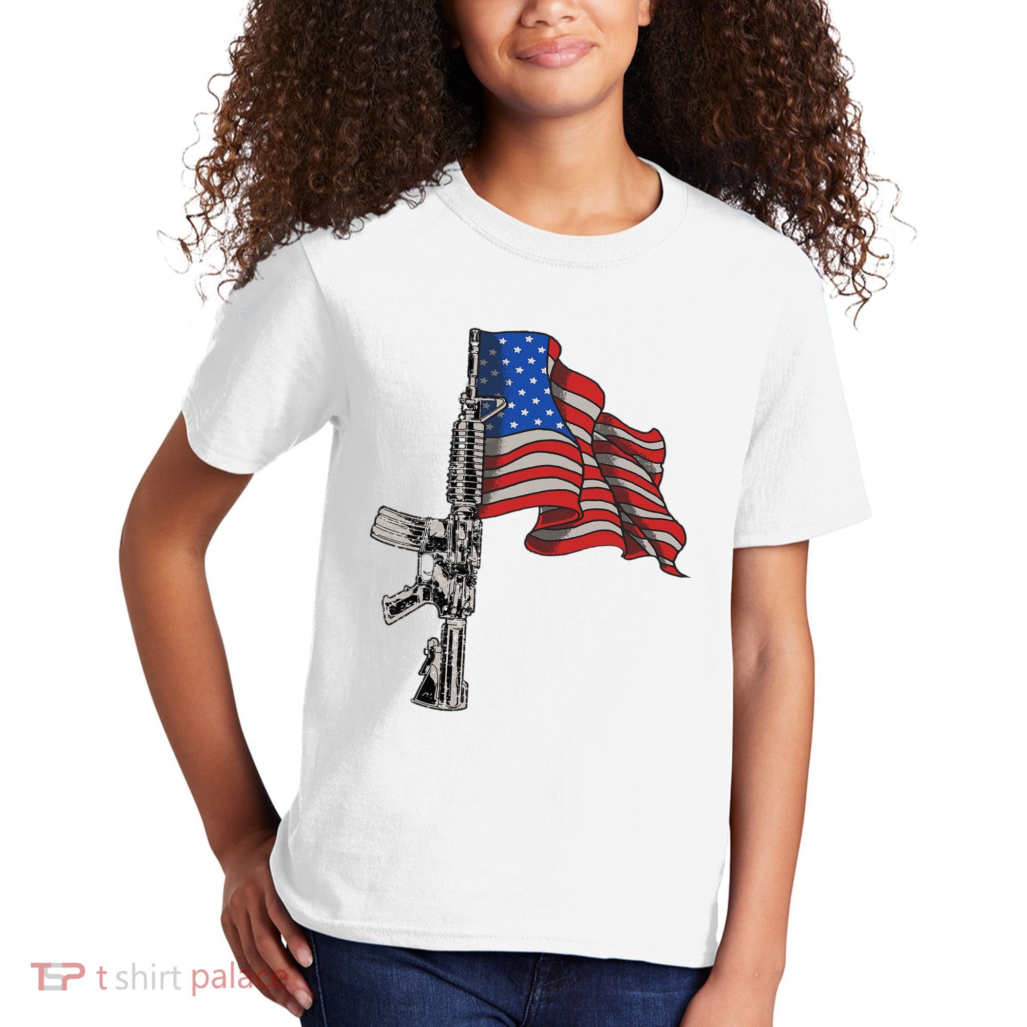 Ar15 Assault Rifle Usa Flag Gun Distressed American Flag Kids T-Shirt