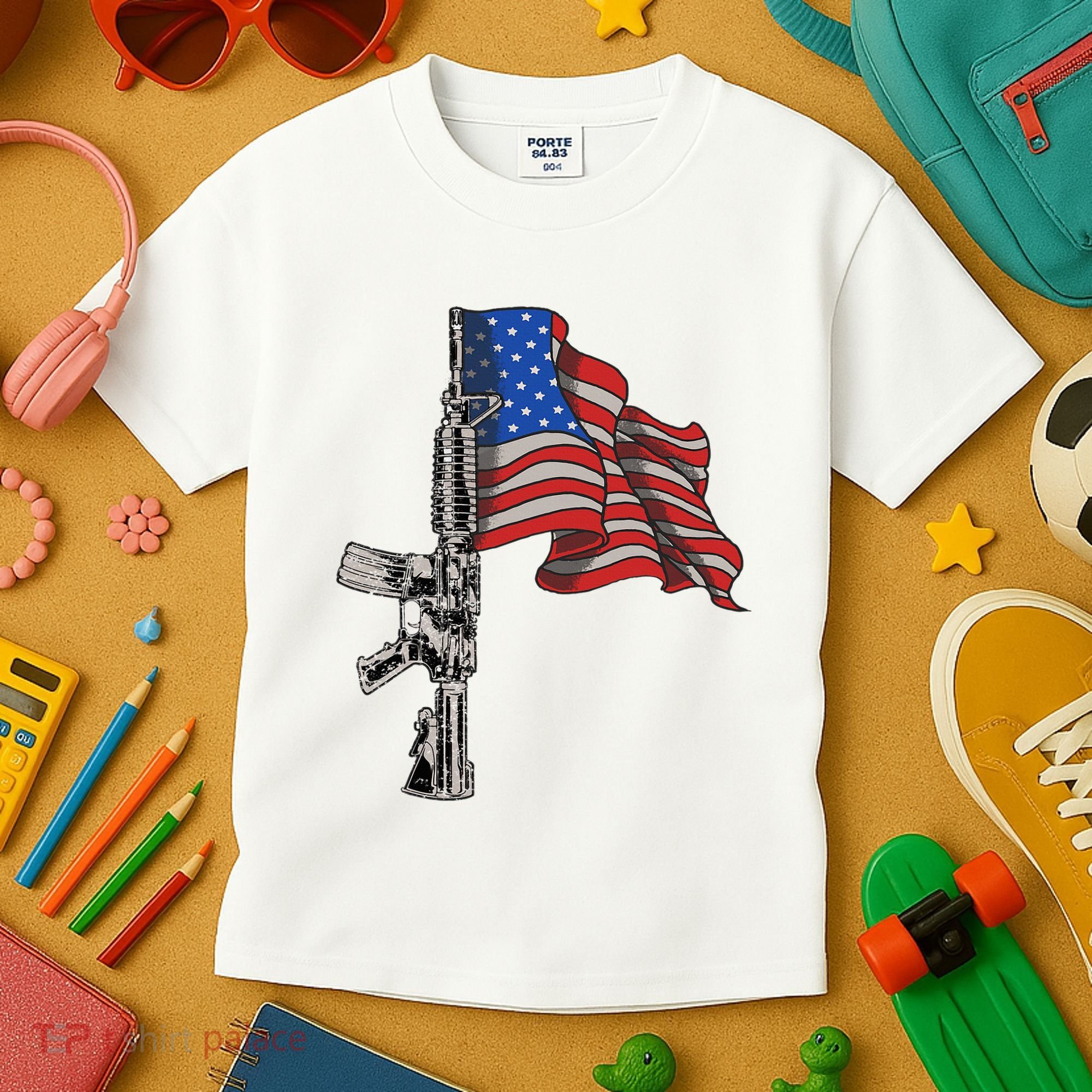 Ar15 Assault Rifle Usa Flag Gun Distressed American Flag Kids T-Shirt