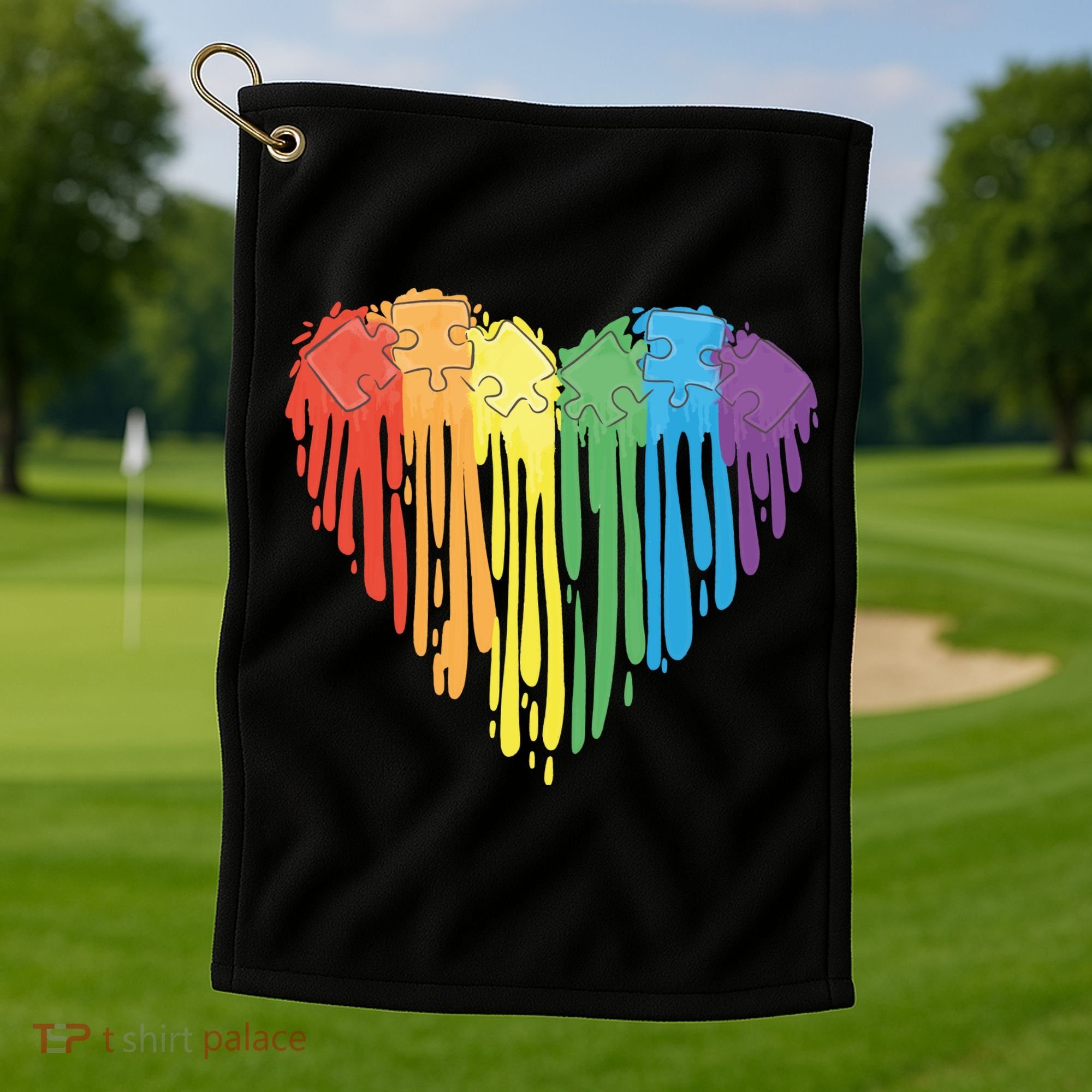 Autism Awareness Rainbow Puzzle Heart Golf Towel