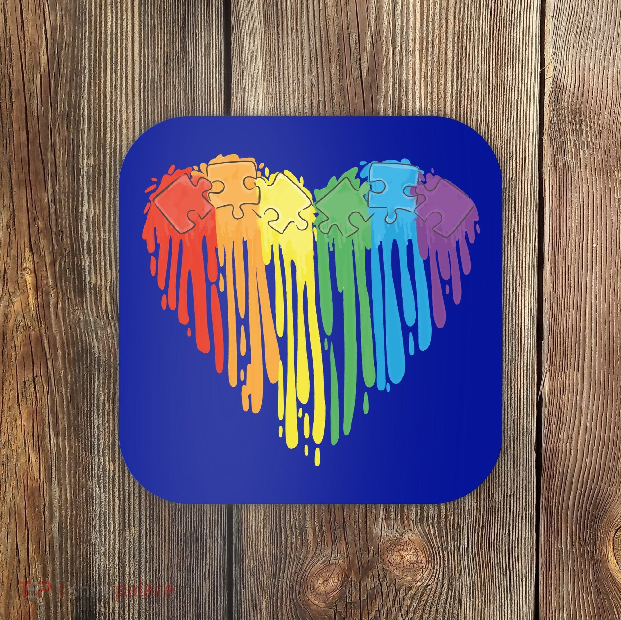 Autism Awareness Rainbow Puzzle Heart Coaster
