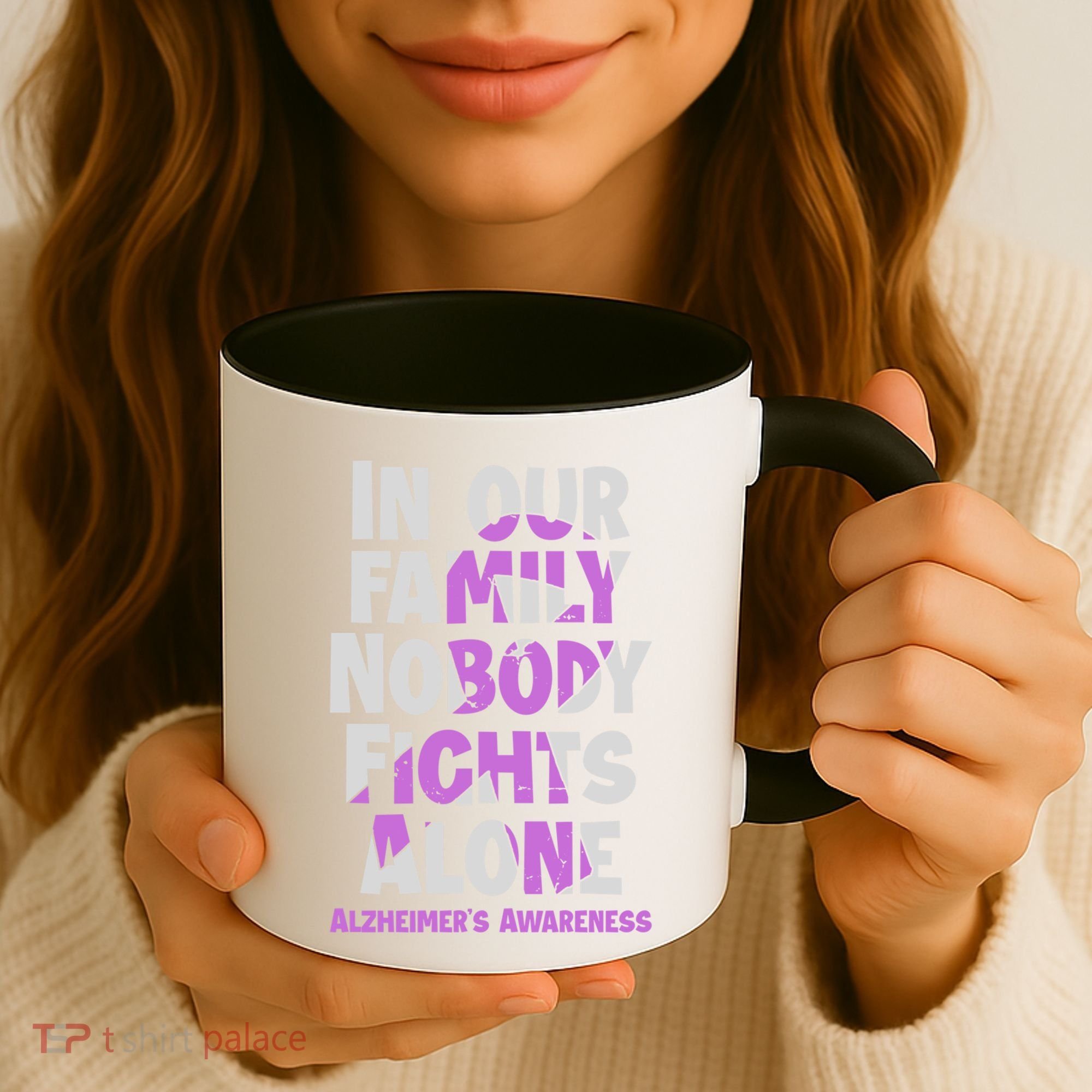 Alzheimers Awareness Ribbon Purple Nobody Fights Alone Gift Coffee Mug