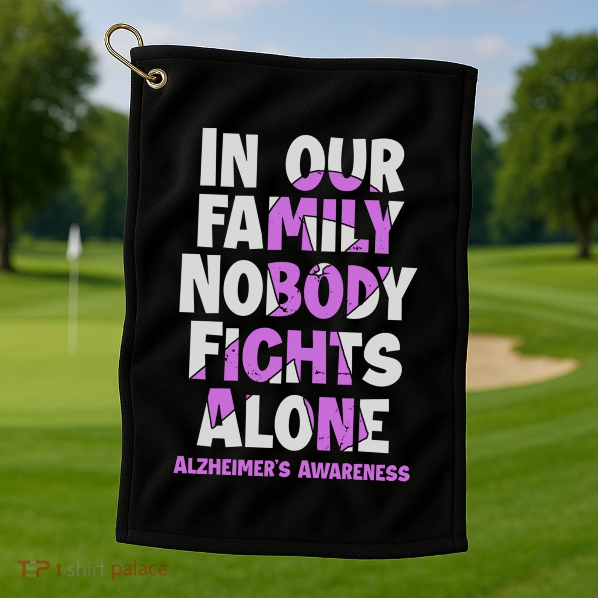 Alzheimers Awareness Ribbon Purple Nobody Fights Alone Gift Golf Towel