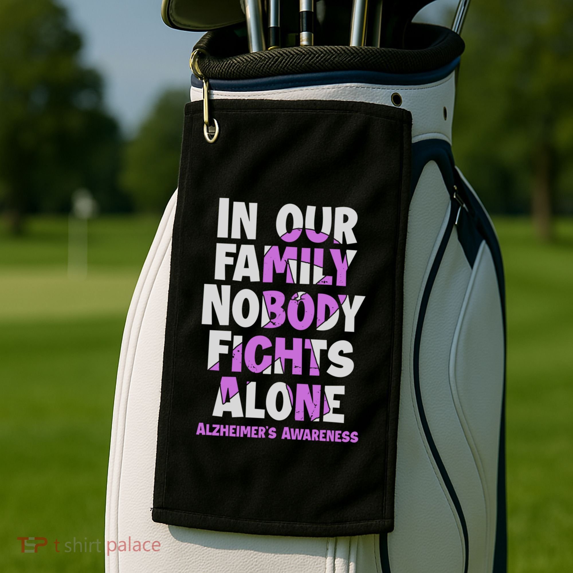 Alzheimers Awareness Ribbon Purple Nobody Fights Alone Gift Golf Towel