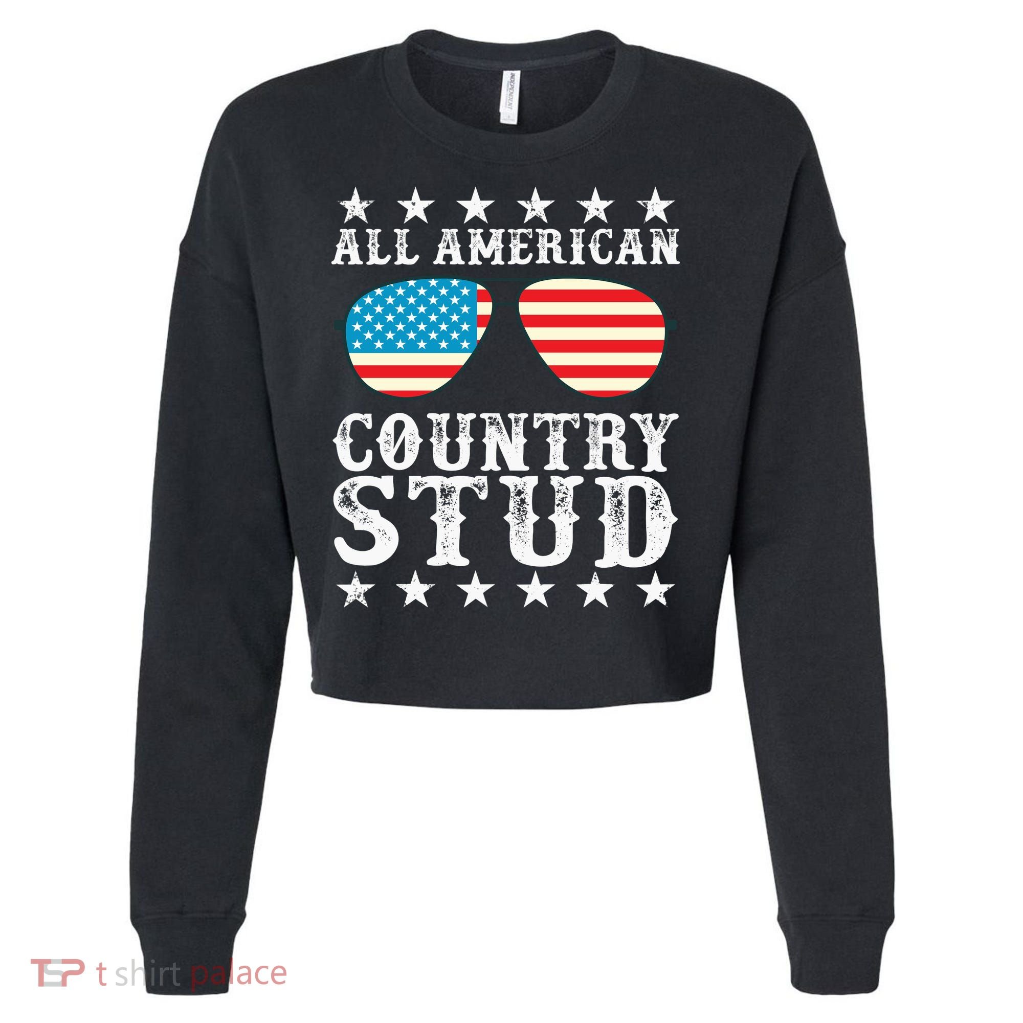 All American Stud Boy Country 4th of July USA Flag Gift Cropped Pullover Crew