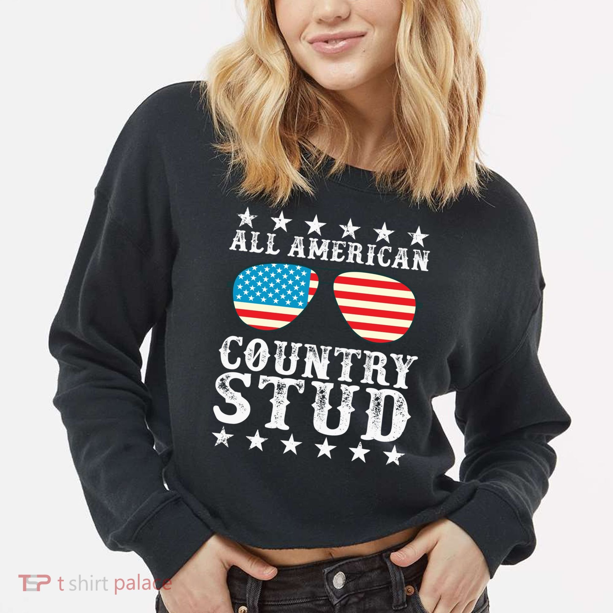 All American Stud Boy Country 4th of July USA Flag Gift Cropped Pullover Crew