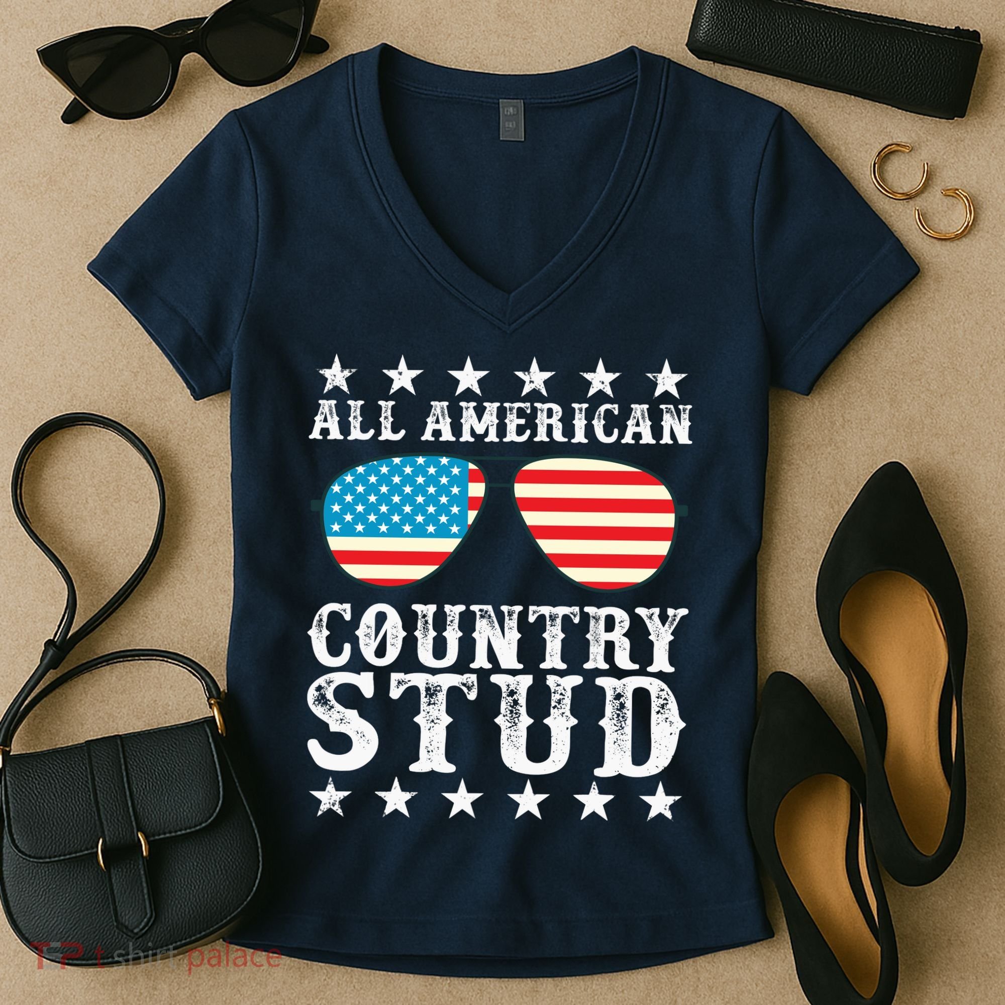 All American Stud Boy Country 4th of July USA Flag Gift Women's V-Neck T-Shirt