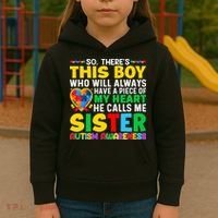 Autism Awareness Support Autistic Brother By Sister Kids Hoodie thumb 3