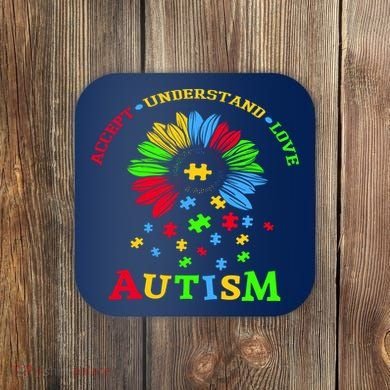 Autism Awareness Sunflower Puzzle Accept Understand Love Coaster