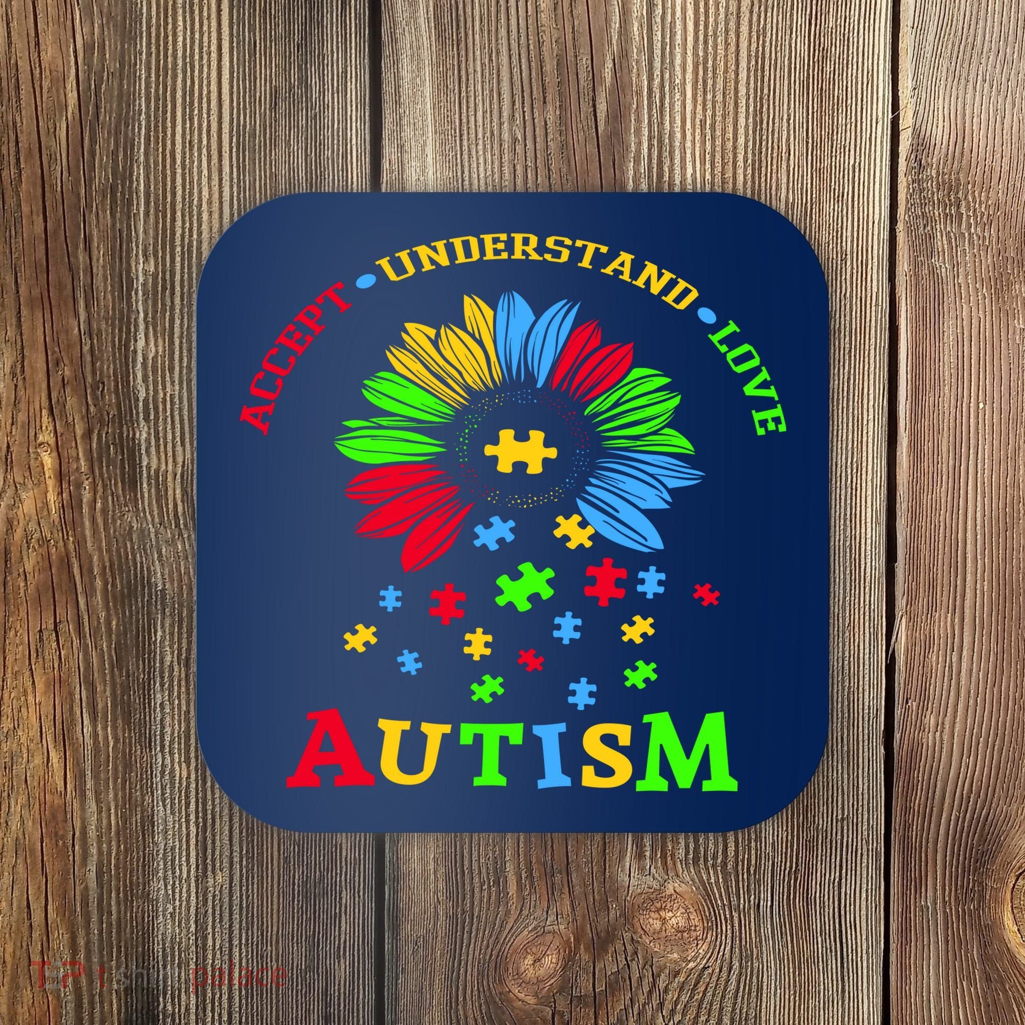 Autism Awareness Sunflower Puzzle Accept Understand Love Coaster
