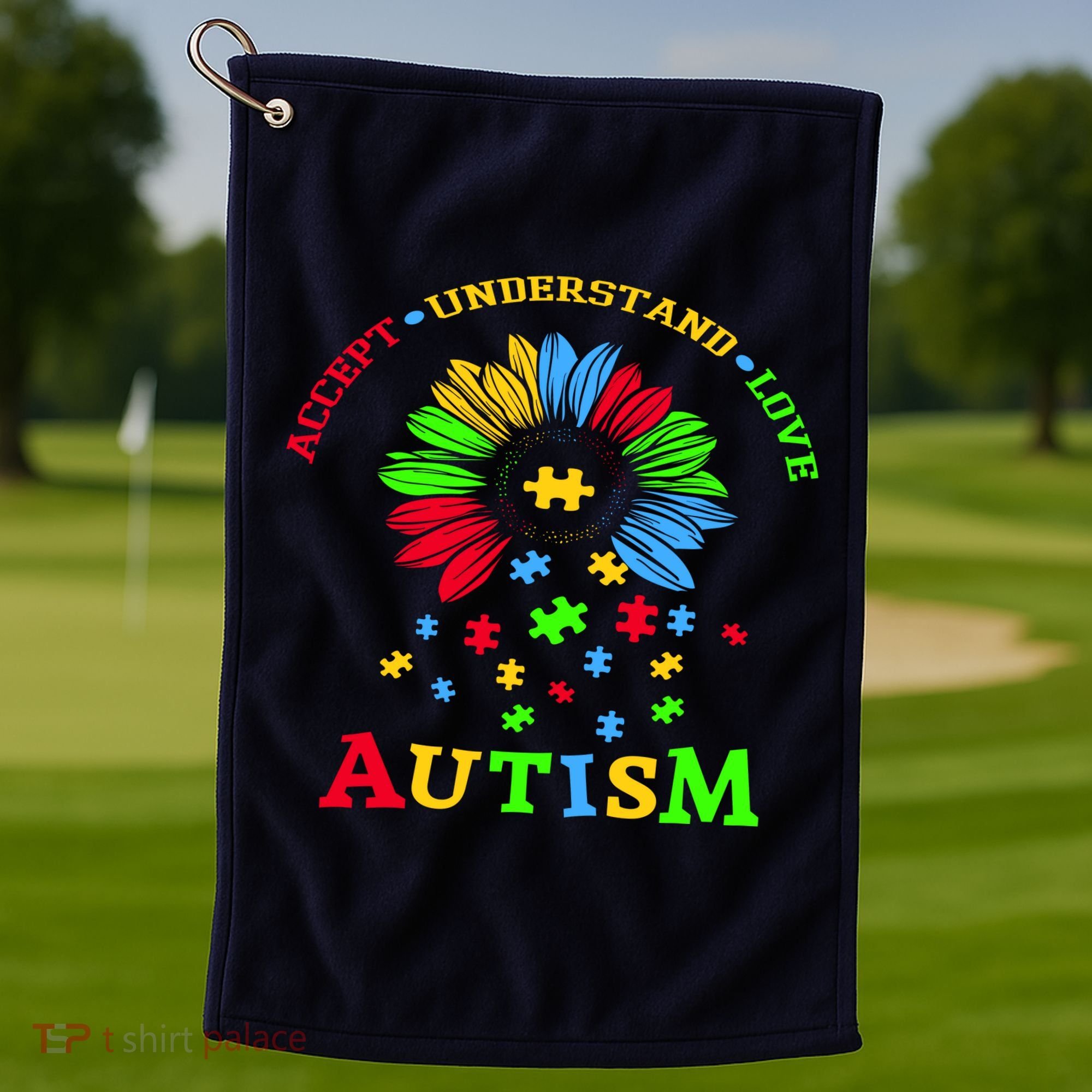 Autism Awareness Sunflower Puzzle Accept Understand Love Golf Towel