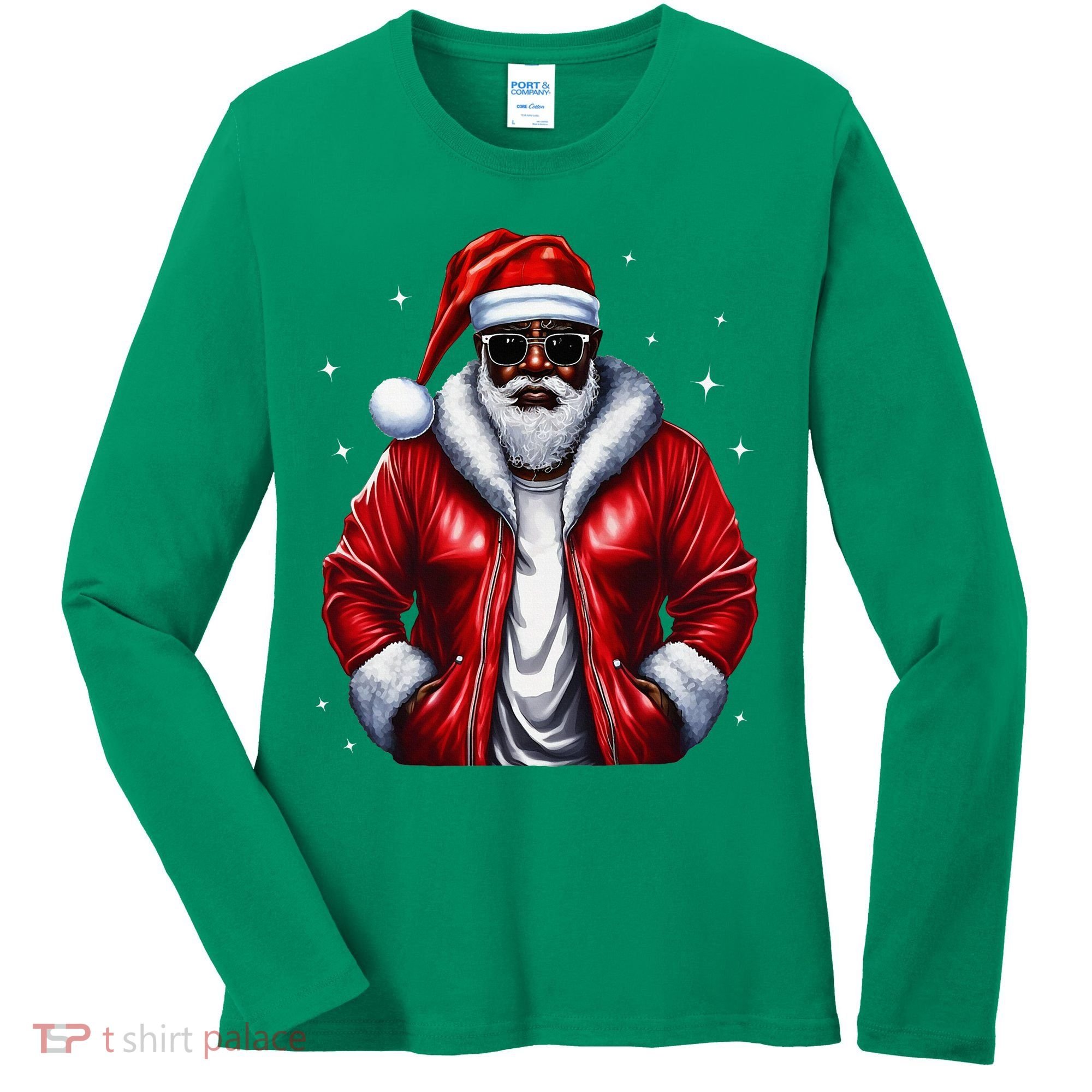 African American Santa Christmas Pajama Cool Black Xmas Women's Long Sleeve Shirt