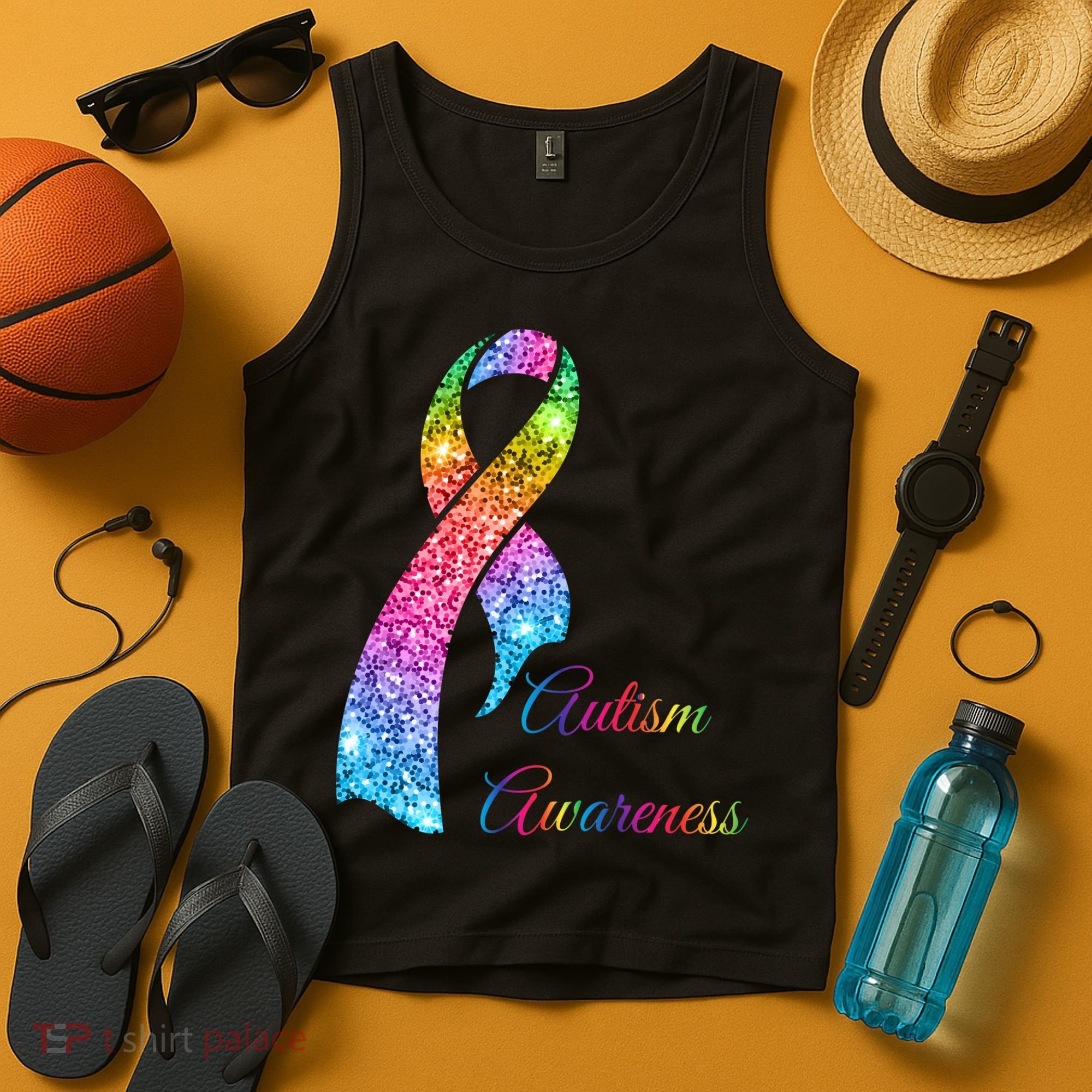 Autism Awareness Sparkle Glitter Ribbon Tank Top