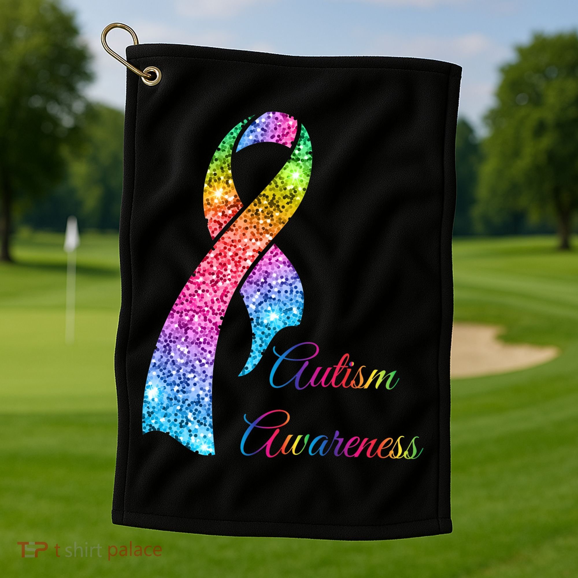 Autism Awareness Sparkle Glitter Ribbon Golf Towel