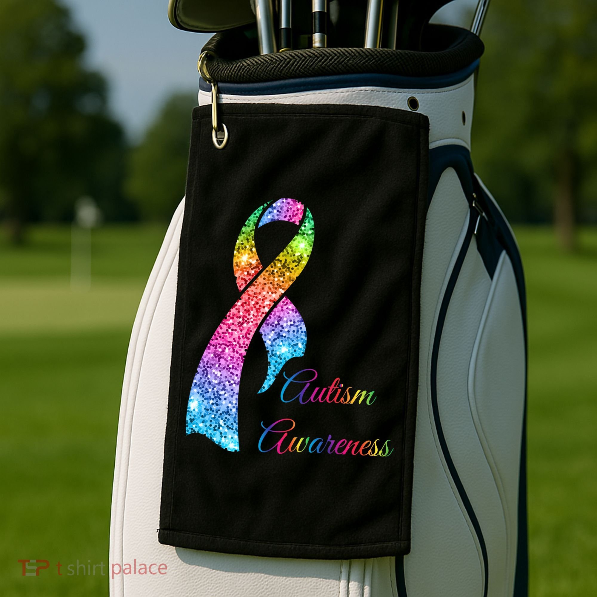 Autism Awareness Sparkle Glitter Ribbon Golf Towel