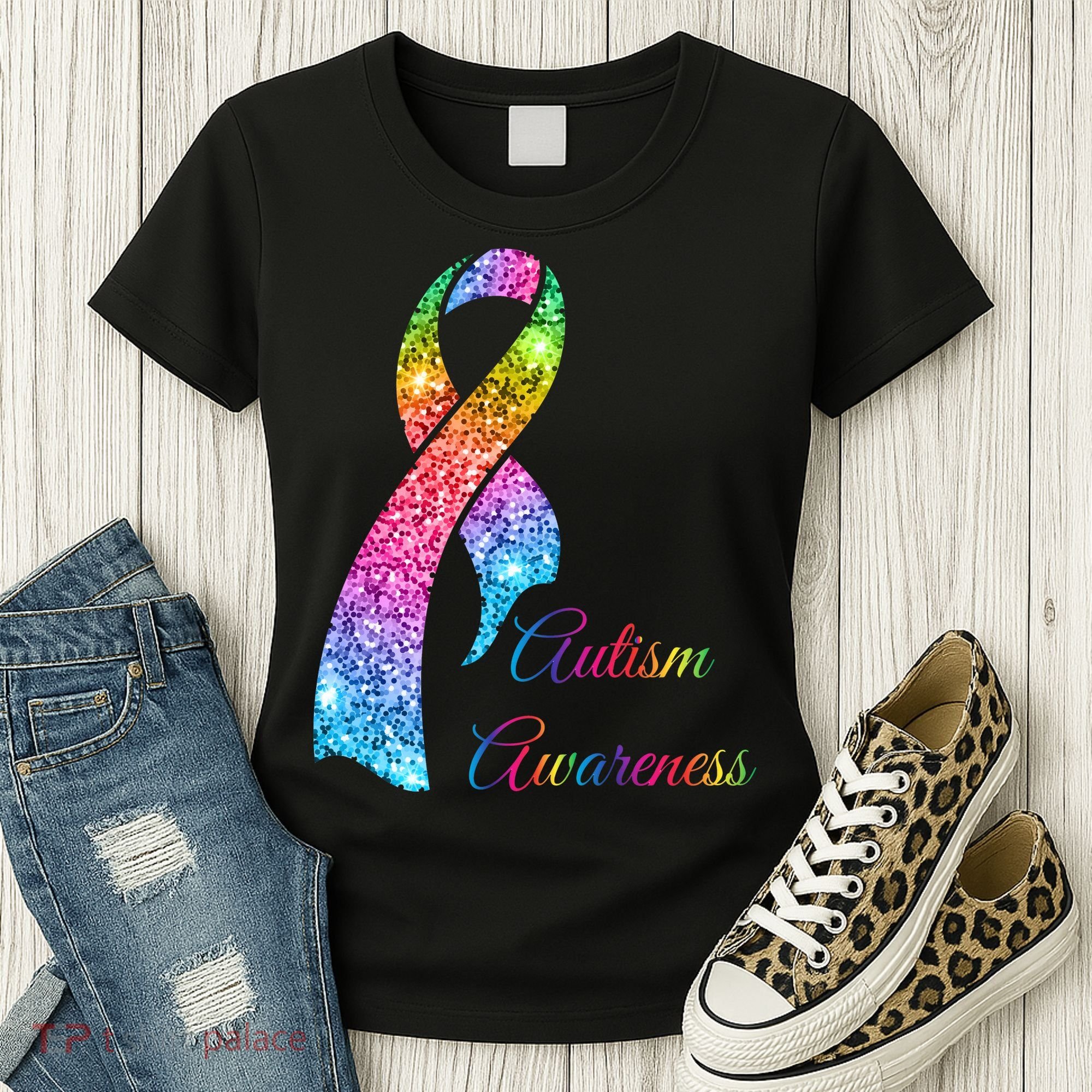 Autism Awareness Sparkle Glitter Ribbon Women's T-Shirt