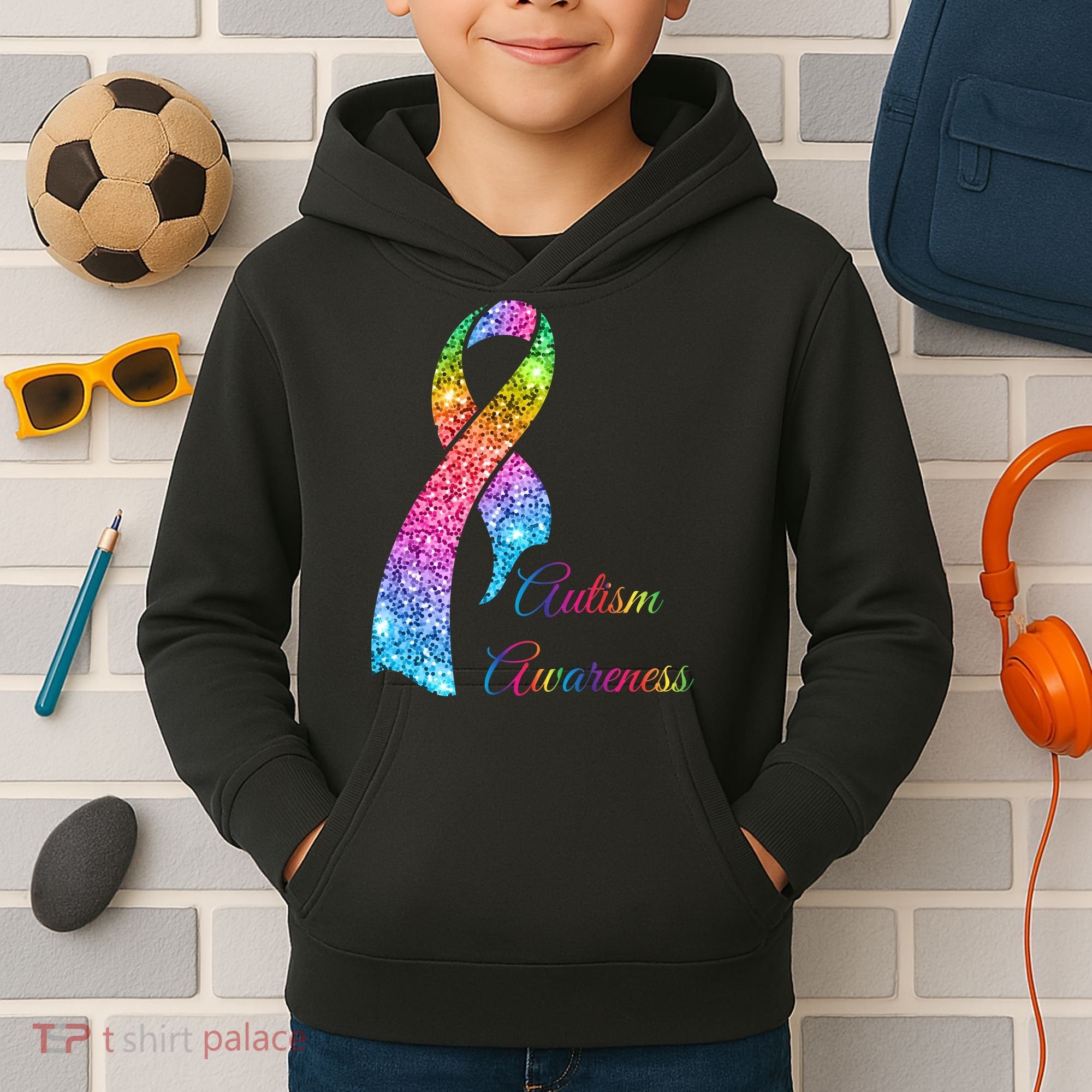 Autism Awareness Sparkle Glitter Ribbon Kids Hoodie