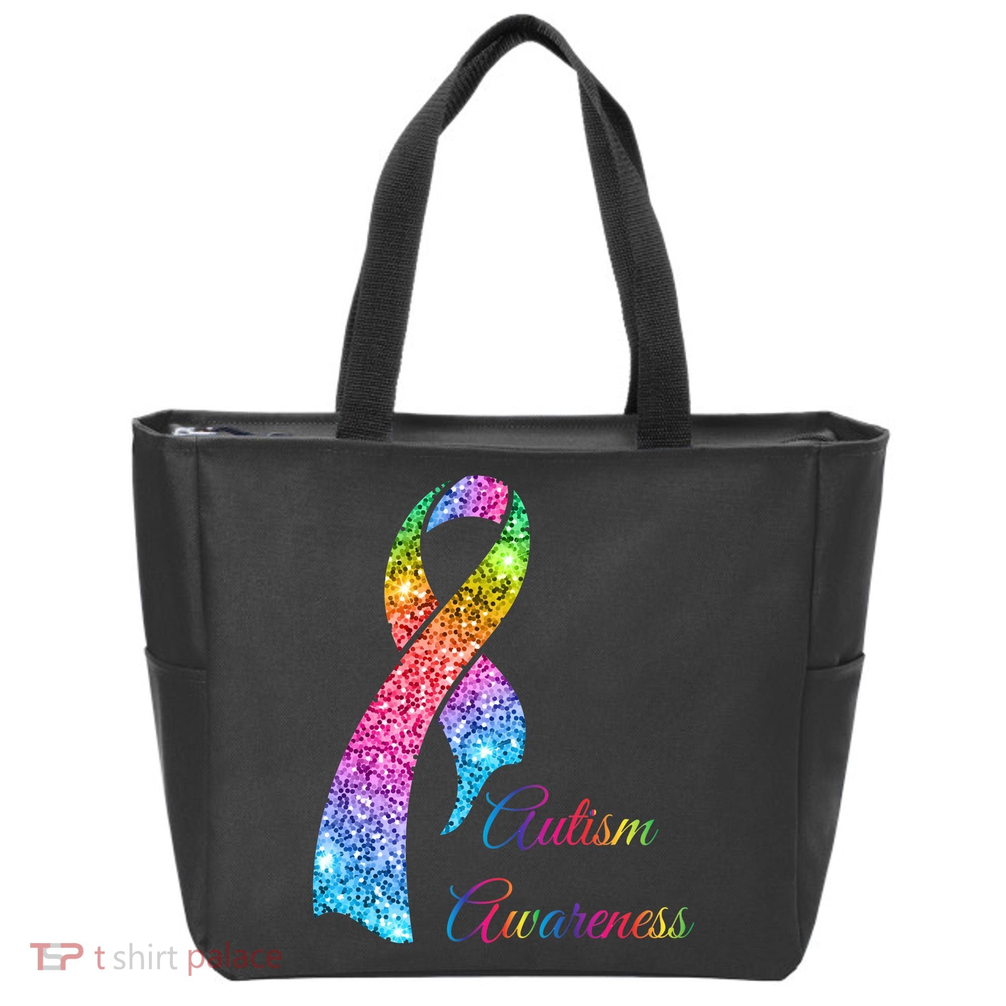Autism Awareness Sparkle Glitter Ribbon Tote Bag