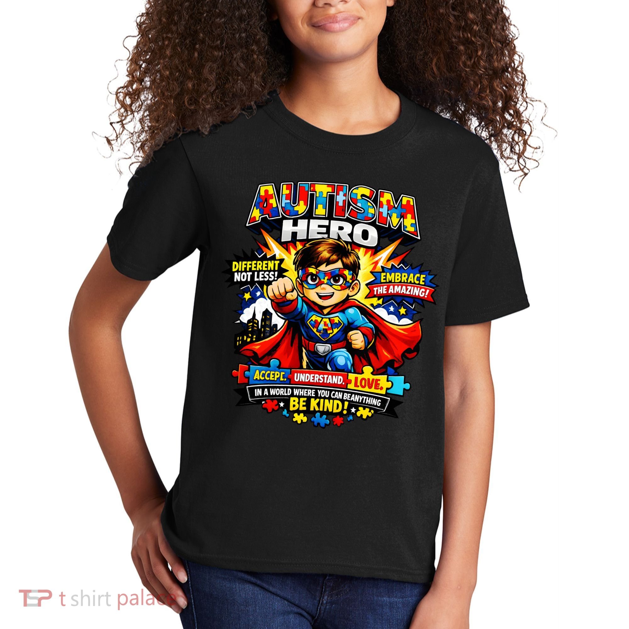 Autism Awareness Super Hero Quotes Acept Understand Love Kids T-Shirt