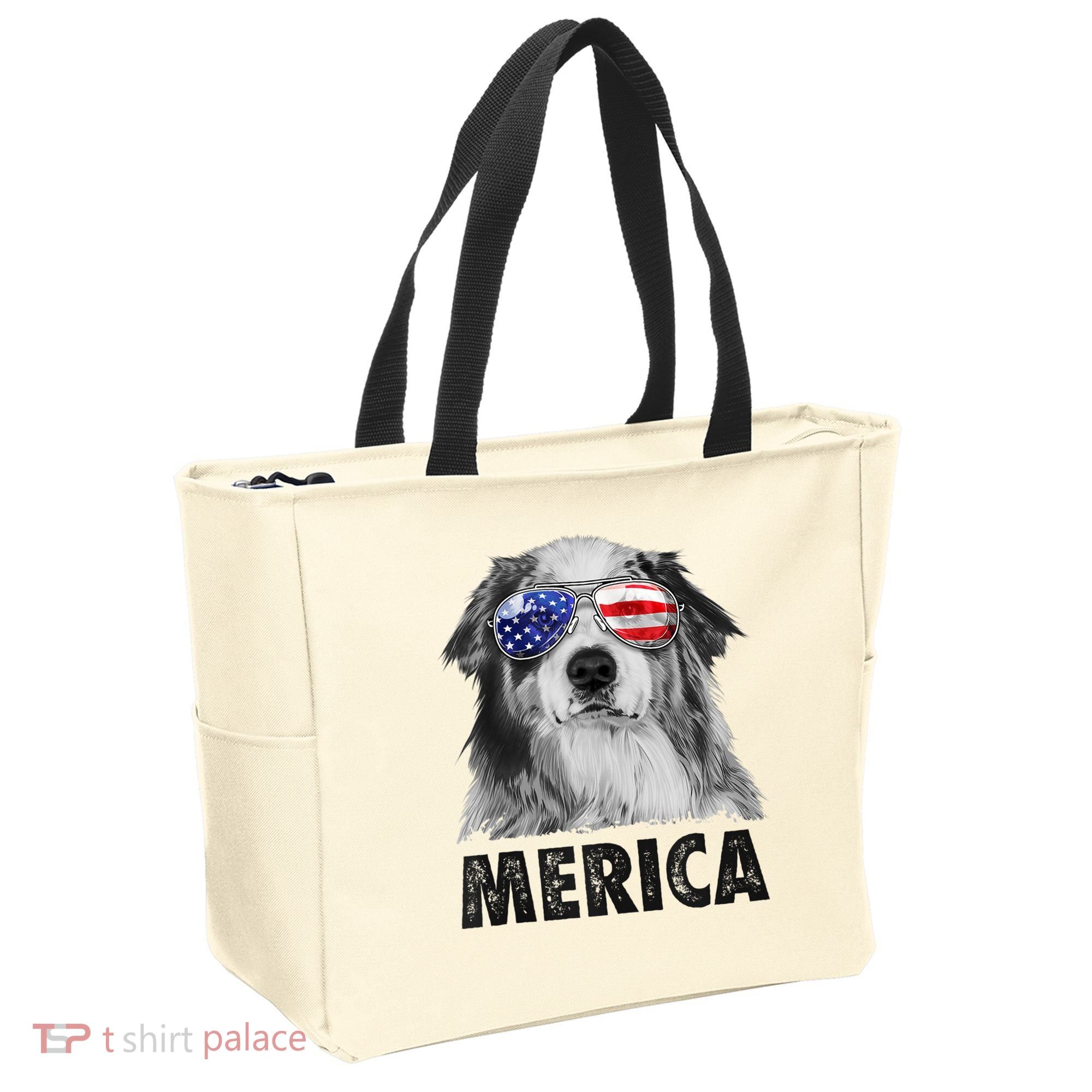 Aussie Australian Shepherd 4th Of July Merica American Flag Tote Bag